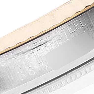 This is a close-up of the side engravings on the stainless steel case of a Rolex Datejust 1601 Men
s Steel and Gold (two tone) Champagne Dial 1601 Men
s Steel and Gold (two tone) Champagne Dial watch.