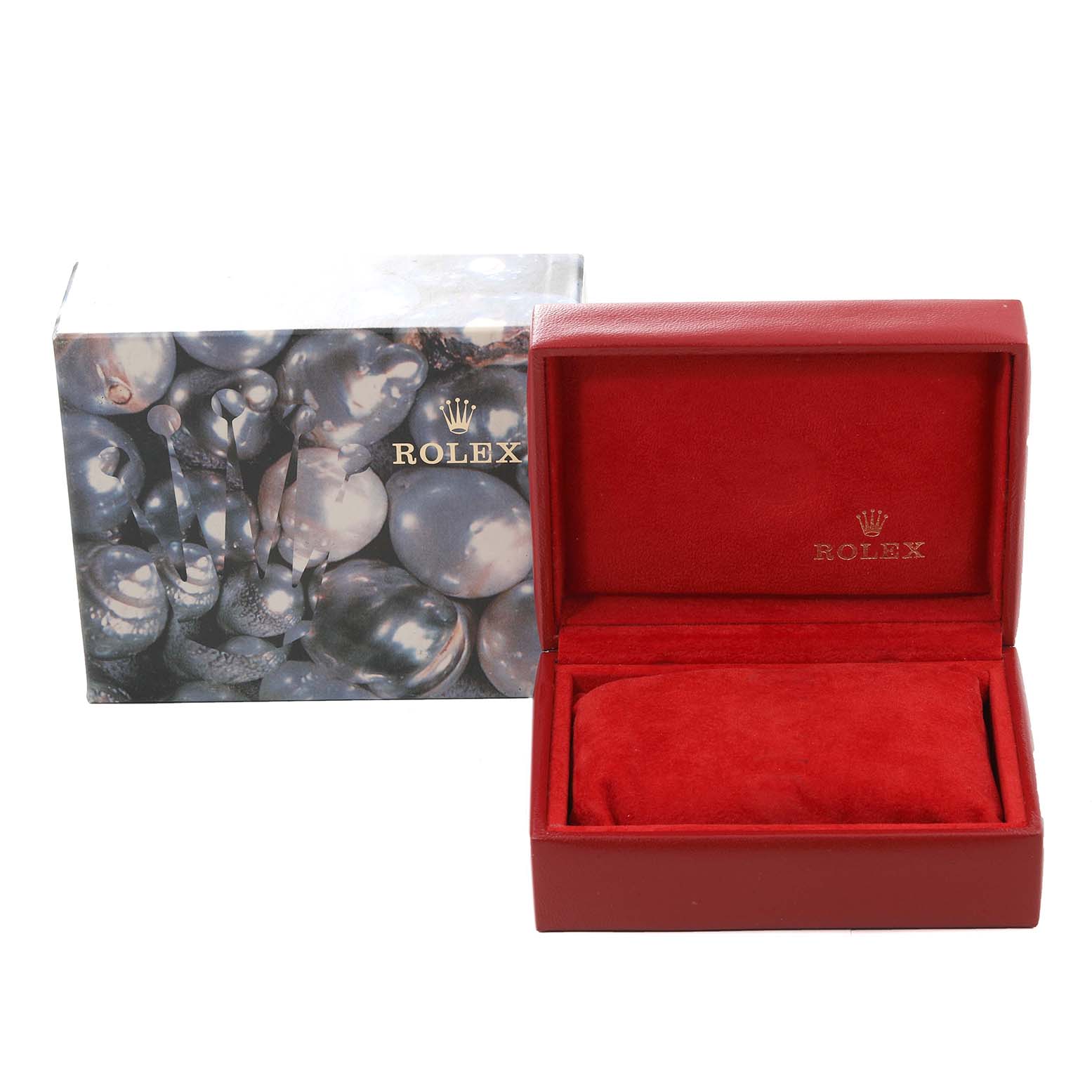 The image shows a red Rolex watch box and an outer sleeve box, designed for the Datejust model by Rolex.