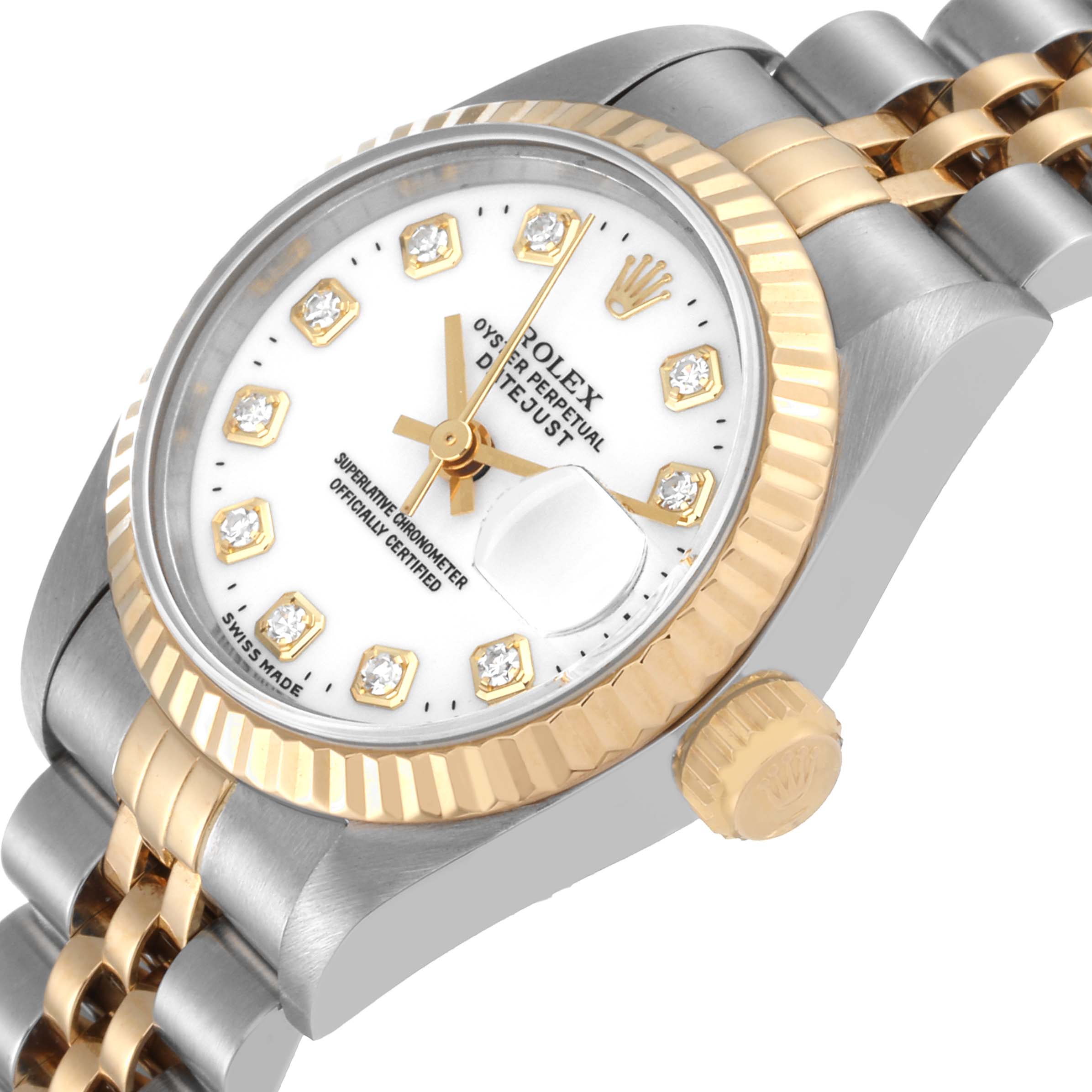 This image shows the face, bezel, crown, and part of the bracelet of a Rolex Datejust 69173 Women's Steel and Gold (two tone) White Dial 69173 Women's Steel and Gold (two tone) White Dial watch at an angled view.