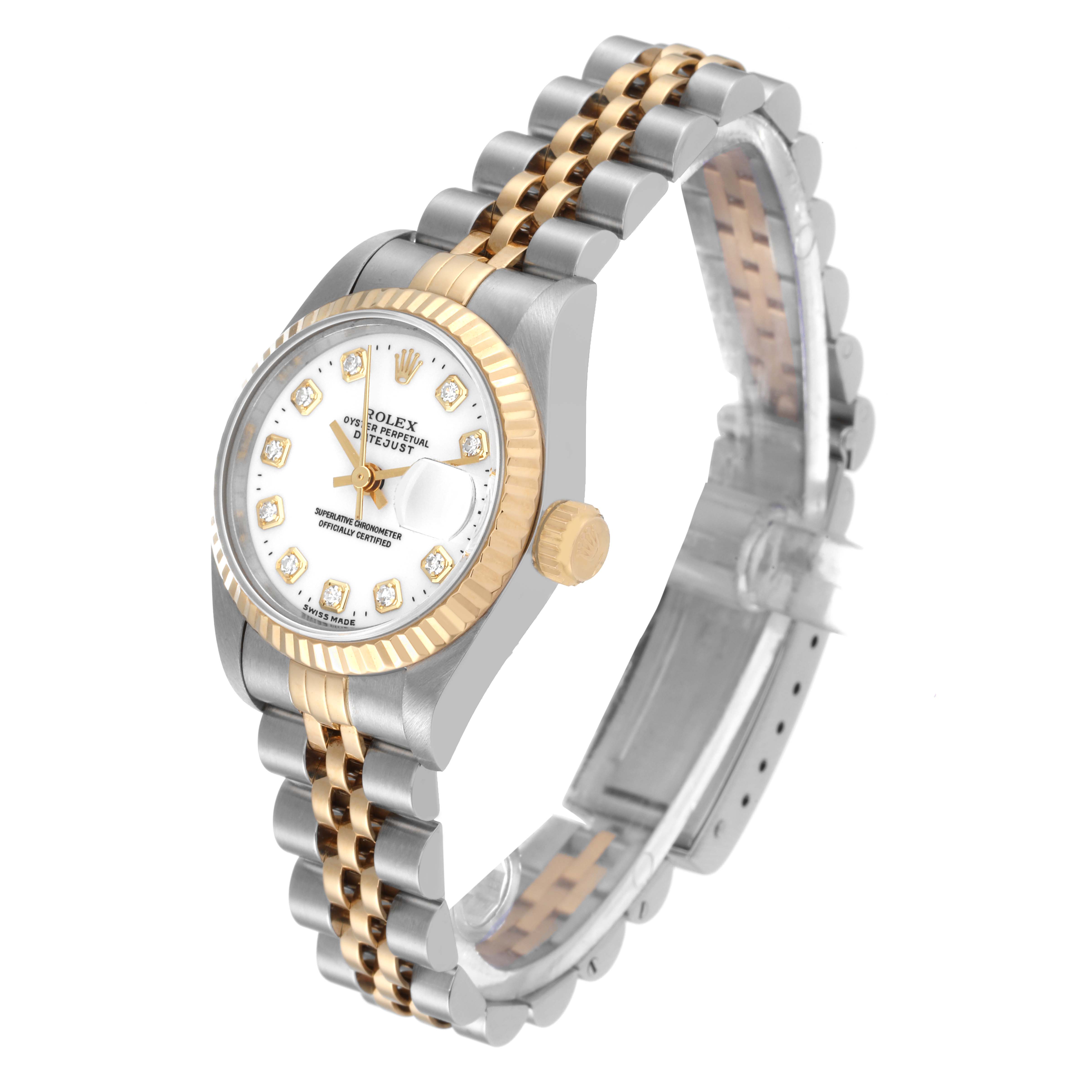 The Rolex Datejust 69173 Women's Steel and Gold (two tone) White Dial 69173 Women's Steel and Gold (two tone) White Dial is shown at an angle, highlighting its bezel, dial, crown, and two-tone bracelet.