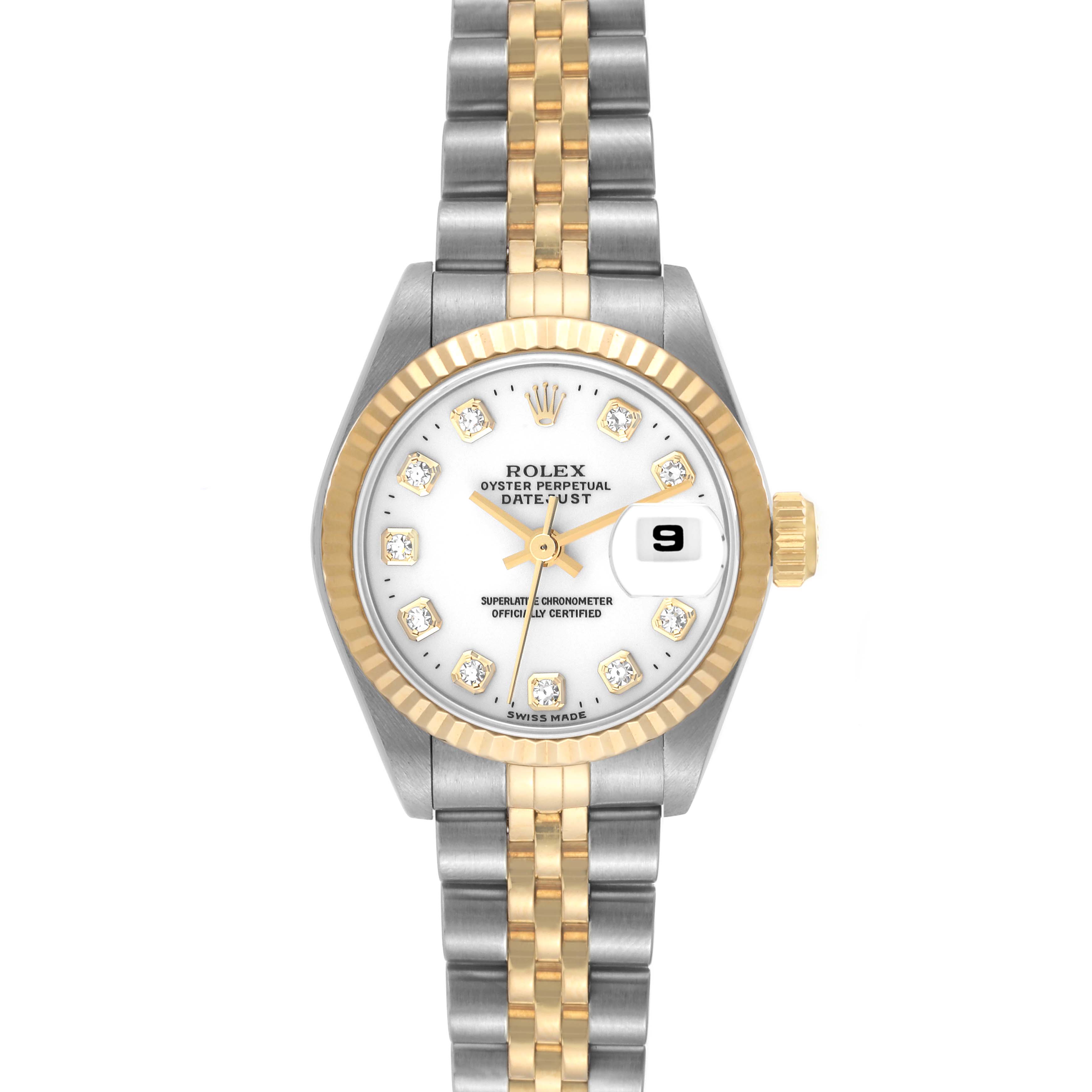The image shows a front view of a Rolex Datejust 69173 Women's Steel and Gold (two tone) White Dial 69173 Women's Steel and Gold (two tone) White Dial watch, displaying the dial, bezel, and bracelet.