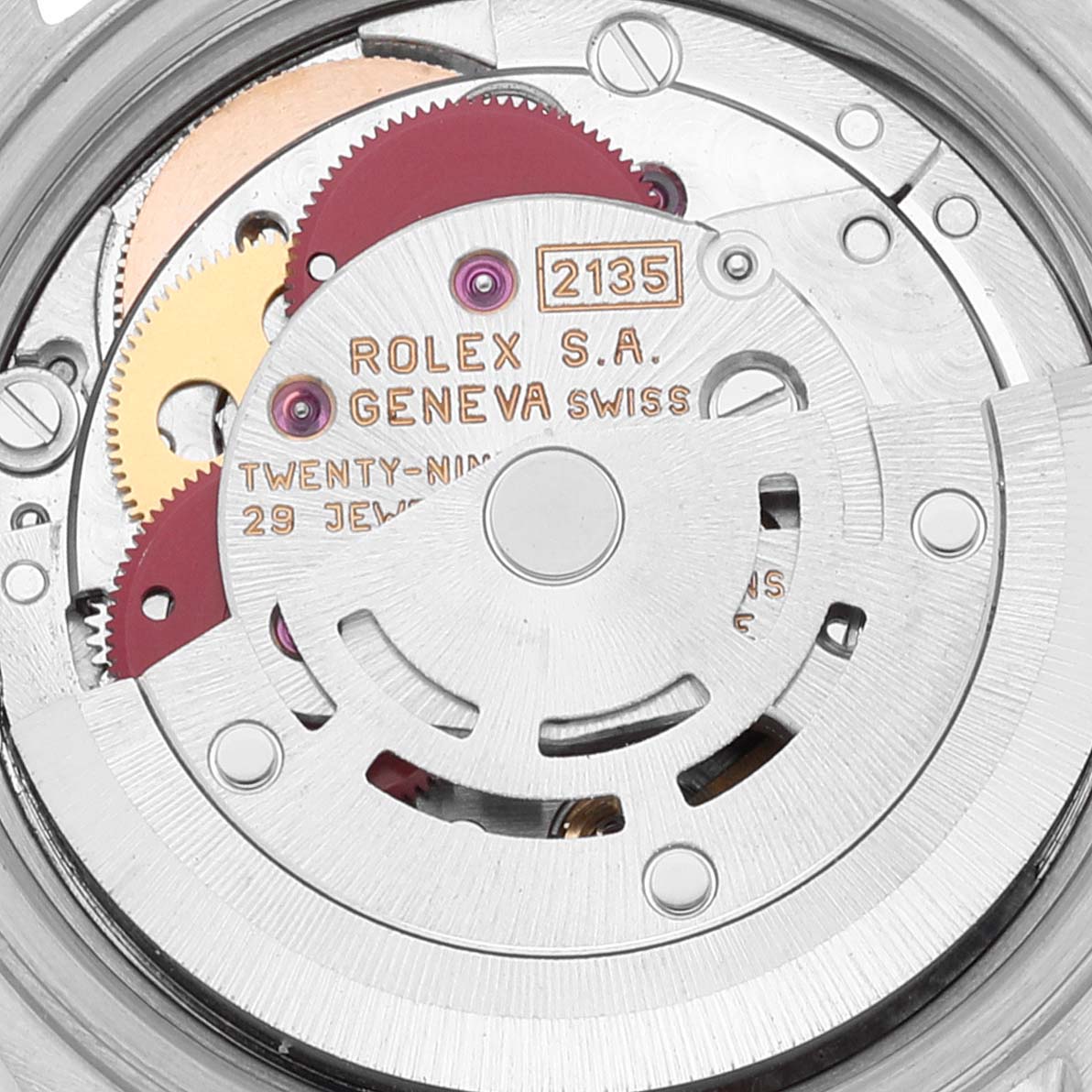 This close-up image shows the movement of a Rolex Datejust 69173 Women's Steel and Gold (two tone) White Dial 69173 Women's Steel and Gold (two tone) White Dial watch, highlighting its intricate gears and mechanism components.