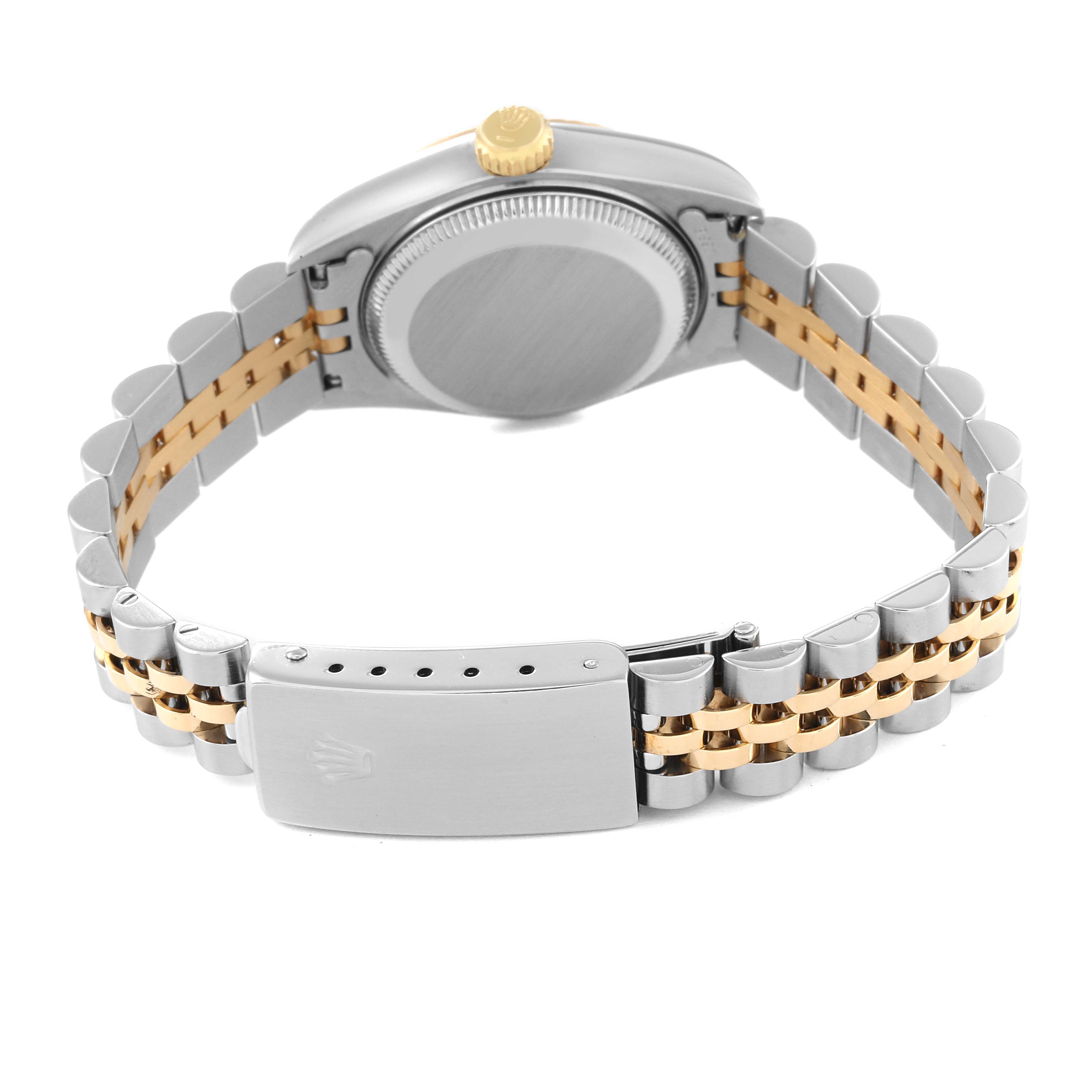 The image shows the back of a Rolex Datejust 69173 Women's Steel and Gold (two tone) White Dial 69173 Women's Steel and Gold (two tone) White Dial watch, highlighting the case back, crown, and two-tone jubilee bracelet with clasp.