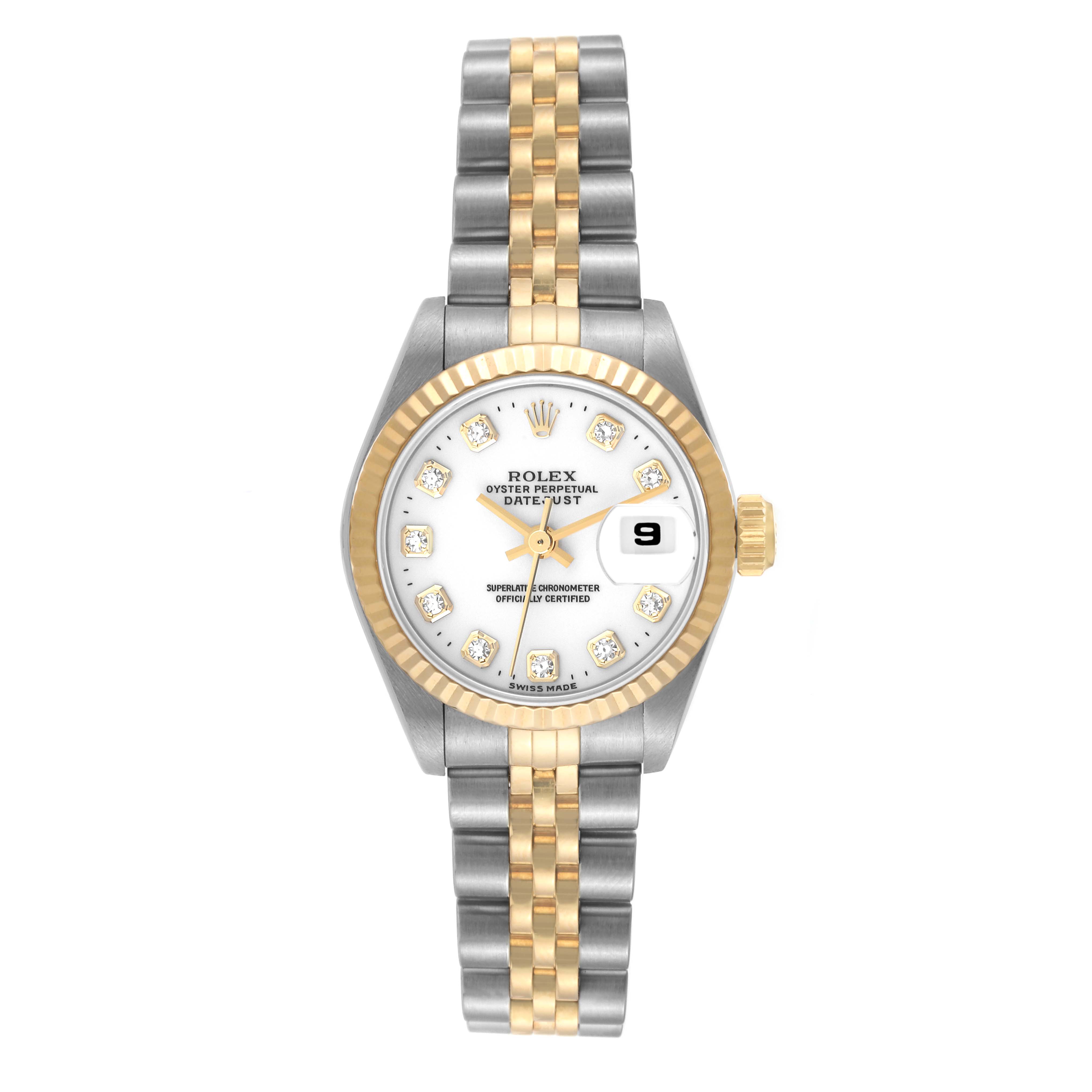 The Rolex Datejust 69173 Women's Steel and Gold (two tone) White Dial 69173 Women's Steel and Gold (two tone) White Dial watch is shown from the front, highlighting its two-tone bracelet, diamond hour markers, and fluted bezel with a date window.