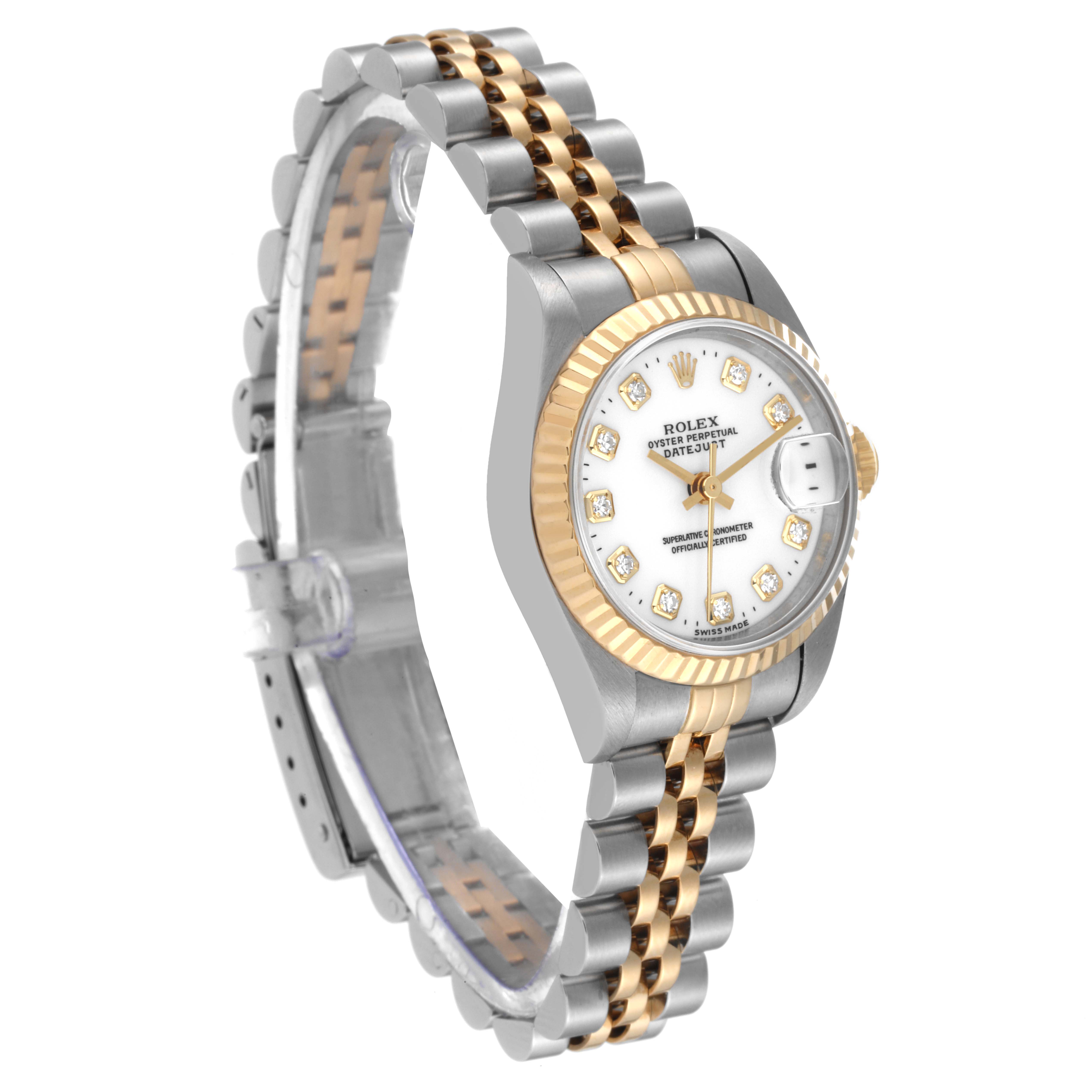 The image shows the Rolex Datejust 69173 Women's Steel and Gold (two tone) White Dial 69173 Women's Steel and Gold (two tone) White Dial watch at a side angle highlighting its gold and silver bracelet and diamond-accented face.