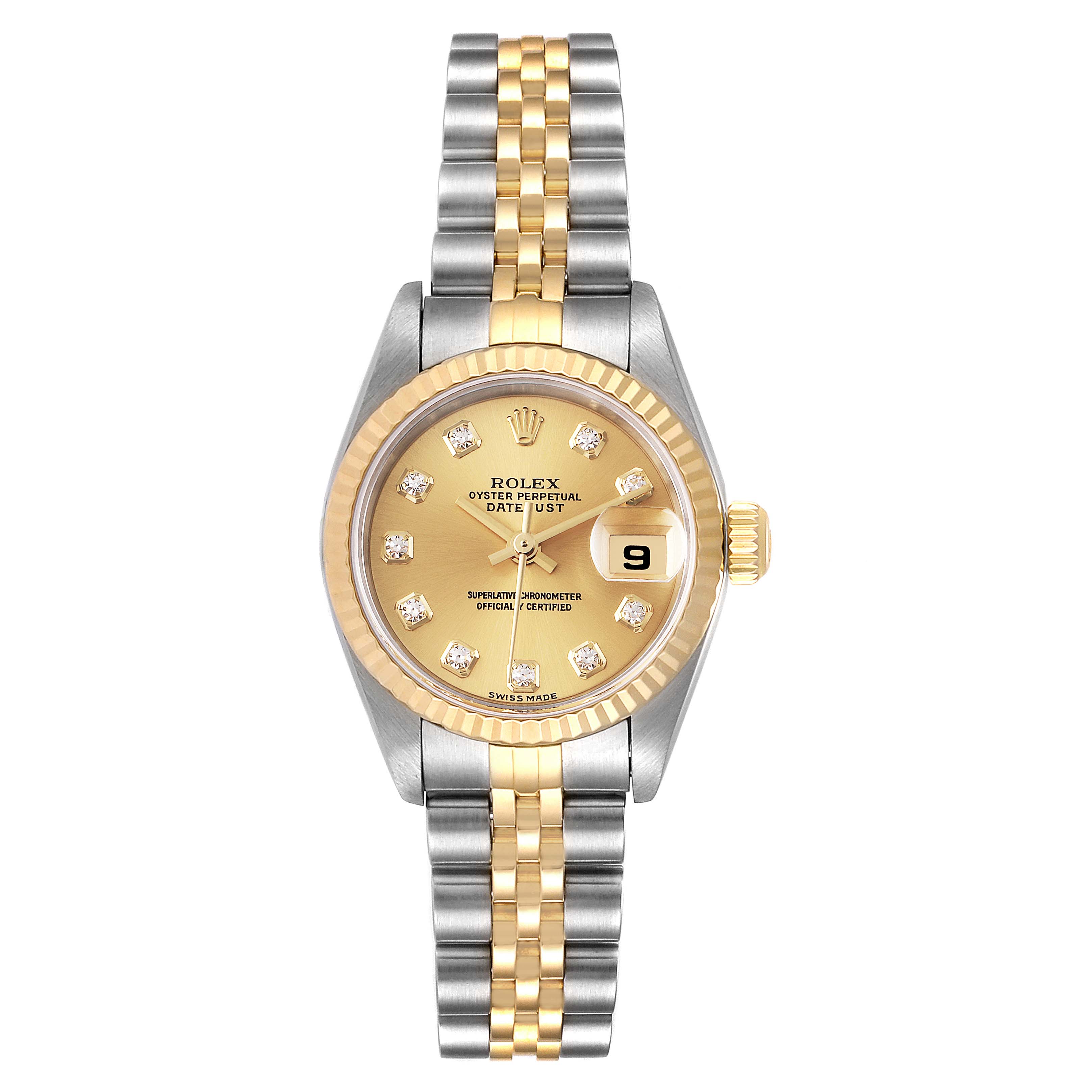 The Rolex Datejust 79173 Women
s Steel and Gold (two tone) Champagne Dial 79173 Women
s Steel and Gold (two tone) Champagne Dial watch is shown from the front, displaying the dial, bezel, case, and two-tone bracelet.