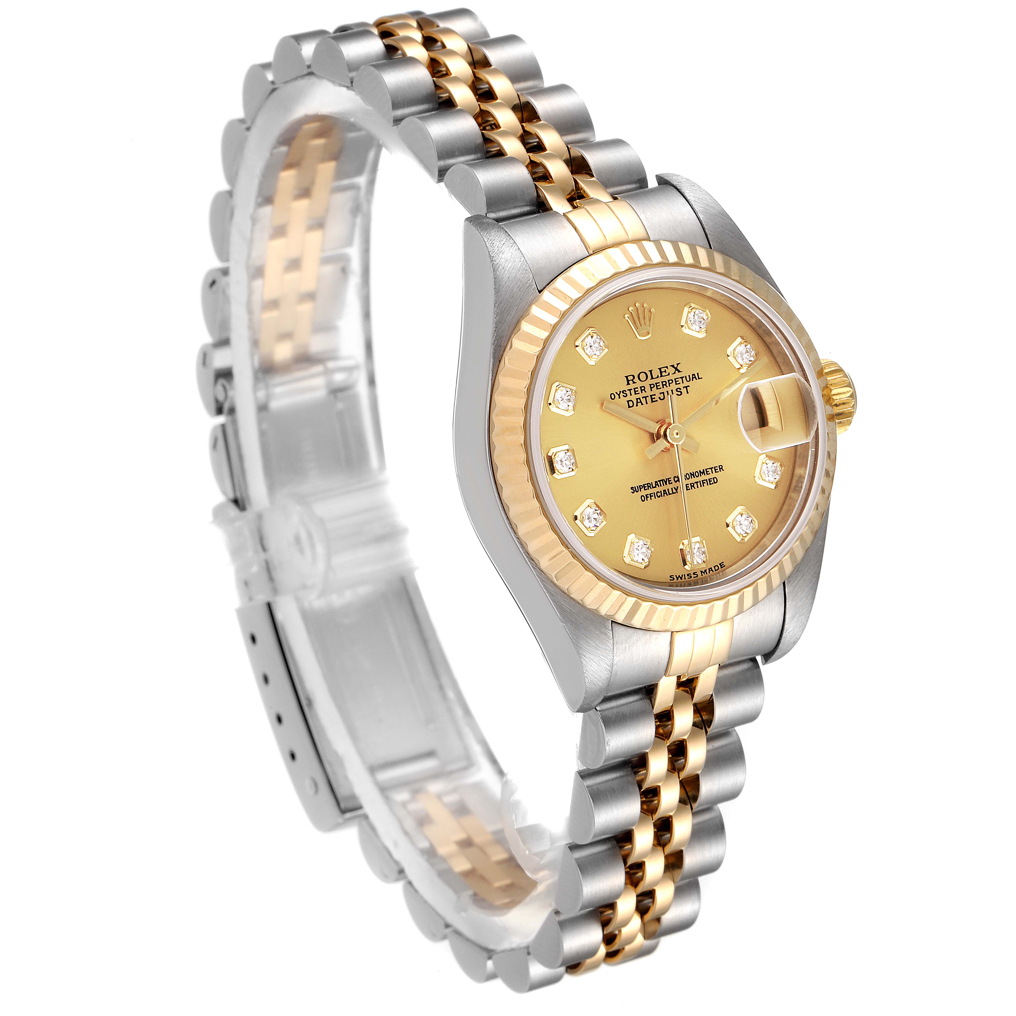 This image shows a Rolex Datejust 79173 Women
s Steel and Gold (two tone) Champagne Dial 79173 Women
s Steel and Gold (two tone) Champagne Dial watch at an angled side view, featuring its jubilee bracelet and champagne diamond dial.