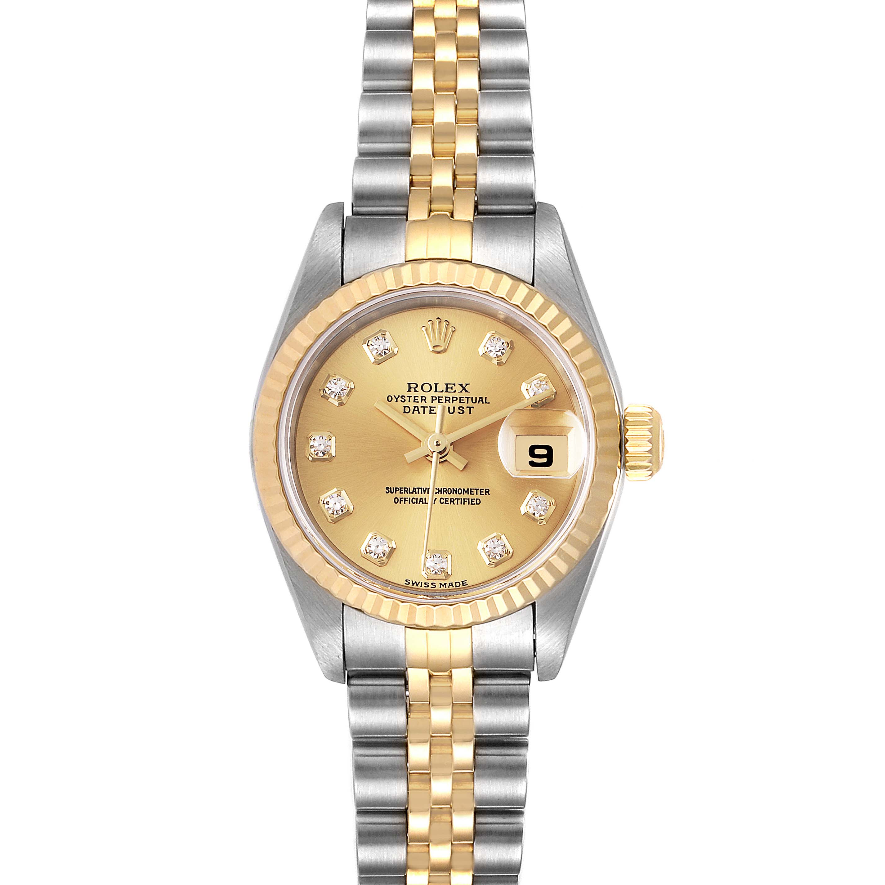 The Rolex Datejust 79173 Women
s Steel and Gold (two tone) Champagne Dial 79173 Women
s Steel and Gold (two tone) Champagne Dial watch is shown from the front, displaying the dial, date window, and two-tone bracelet.