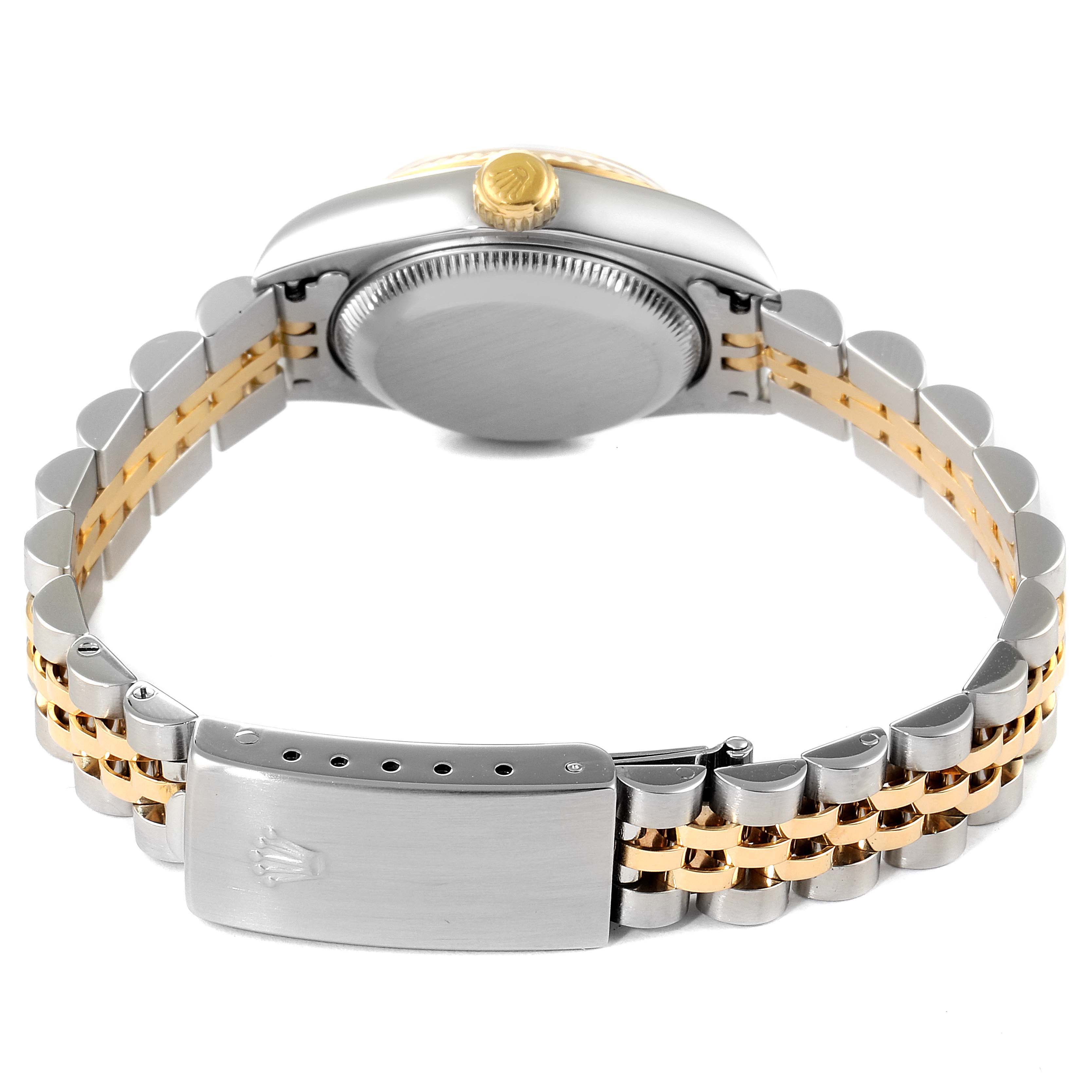 This image shows the back of a Rolex Datejust 79173 Women
s Steel and Gold (two tone) Champagne Dial 79173 Women
s Steel and Gold (two tone) Champagne Dial watch with a two-tone bracelet and the clasp.