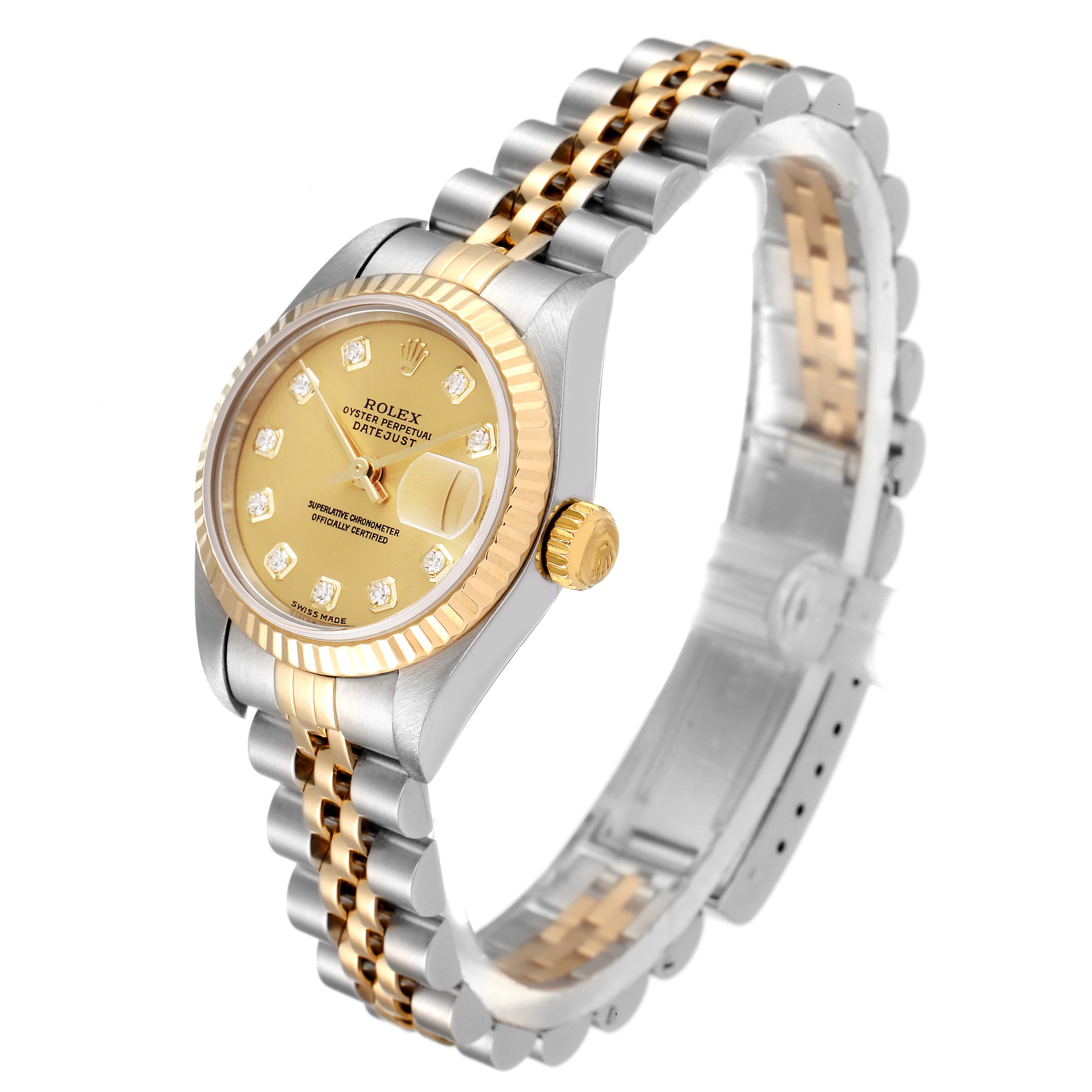The Rolex Datejust 79173 Women
s Steel and Gold (two tone) Champagne Dial 79173 Women
s Steel and Gold (two tone) Champagne Dial watch is shown at a three-quarter angle, displaying the face, bezel, crown, and bracelet.