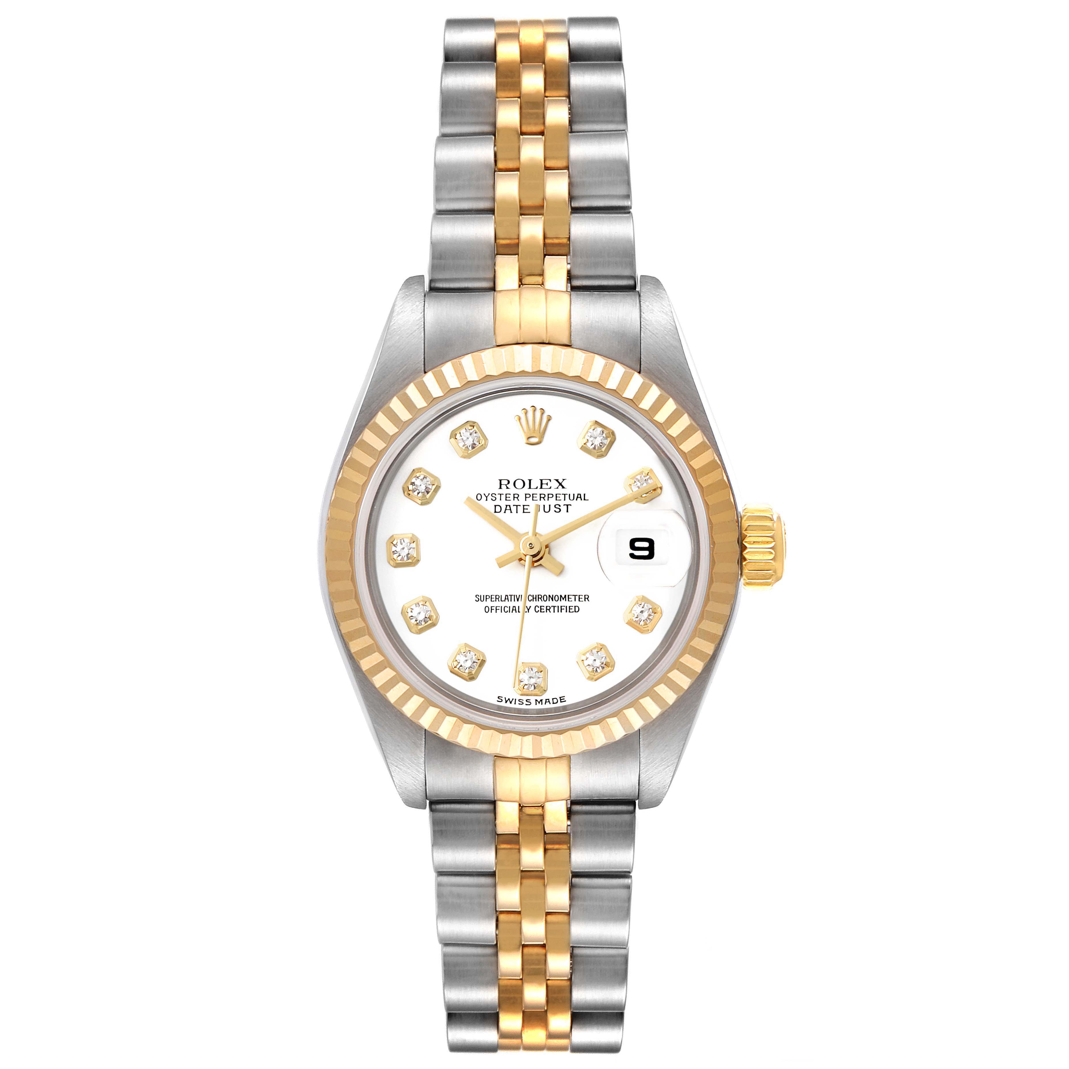 This image shows a front view of a Rolex Datejust 79173 Women
s Steel and Gold (two tone) White Dial 79173 Women
s Steel and Gold (two tone) White Dial watch featuring a two-tone bracelet and diamond markers.