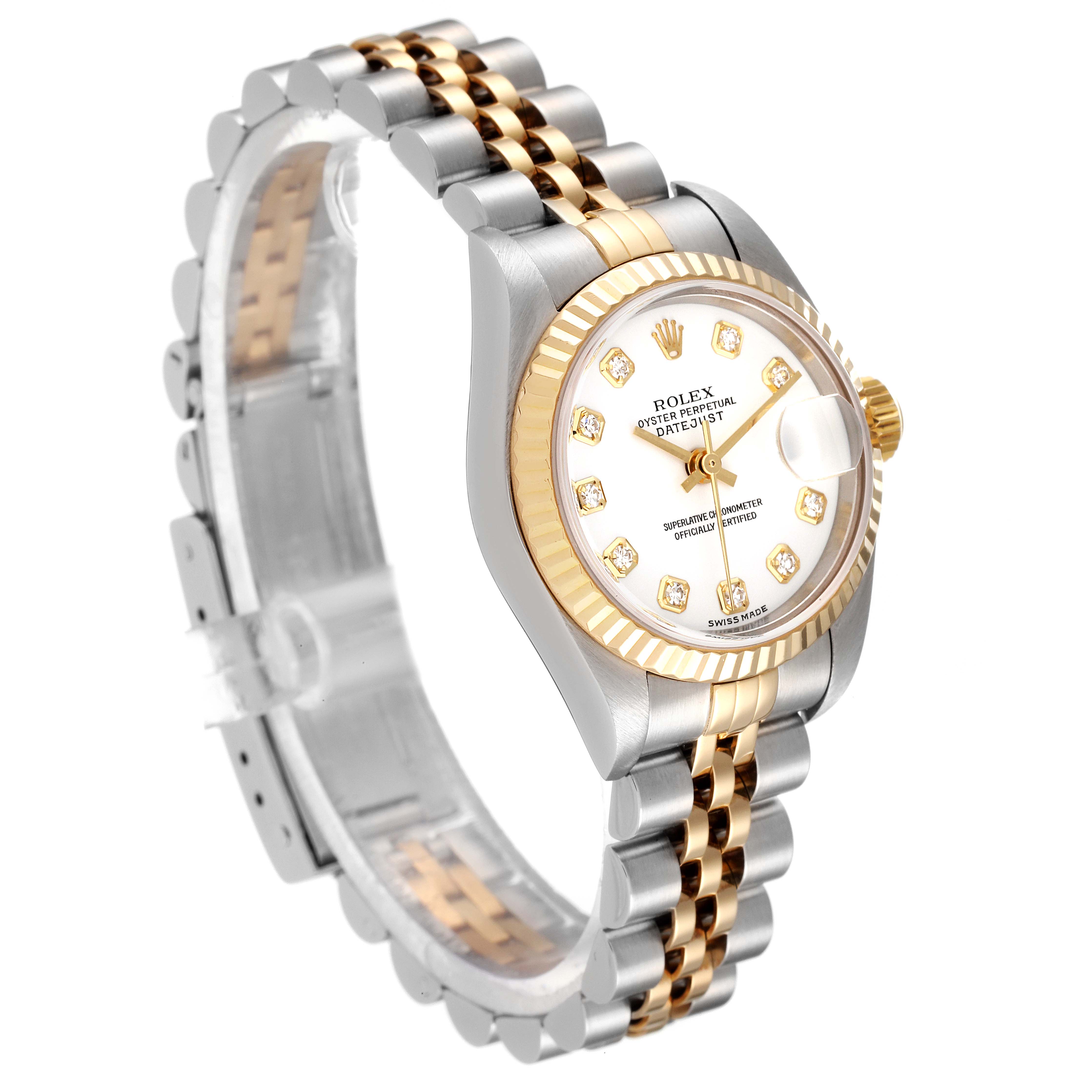 The image shows a side-angle view of a Rolex Datejust 79173 Women
s Steel and Gold (two tone) White Dial 79173 Women
s Steel and Gold (two tone) White Dial watch, highlighting its face, bezel, and two-tone jubilee bracelet.