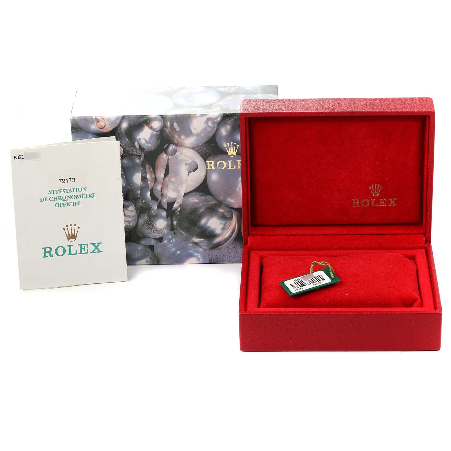 The image shows a Rolex Datejust 79173 Women
s Steel and Gold (two tone) White Dial 79173 Women
s Steel and Gold (two tone) White Dial watch box, a certificate, and the official packaging.