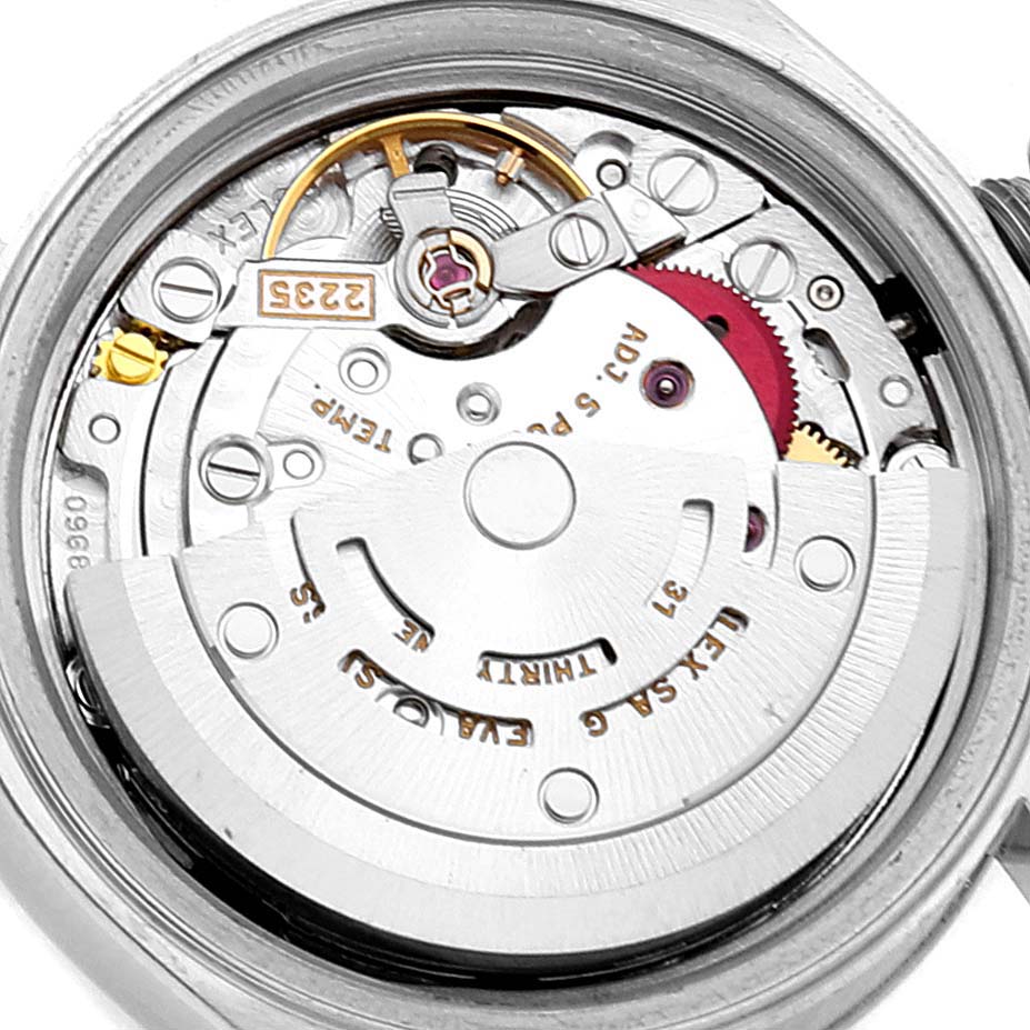 This image shows the movement mechanism of a Rolex Datejust 79173 Women
s Steel and Gold (two tone) White Dial 79173 Women
s Steel and Gold (two tone) White Dial watch viewed from the back.