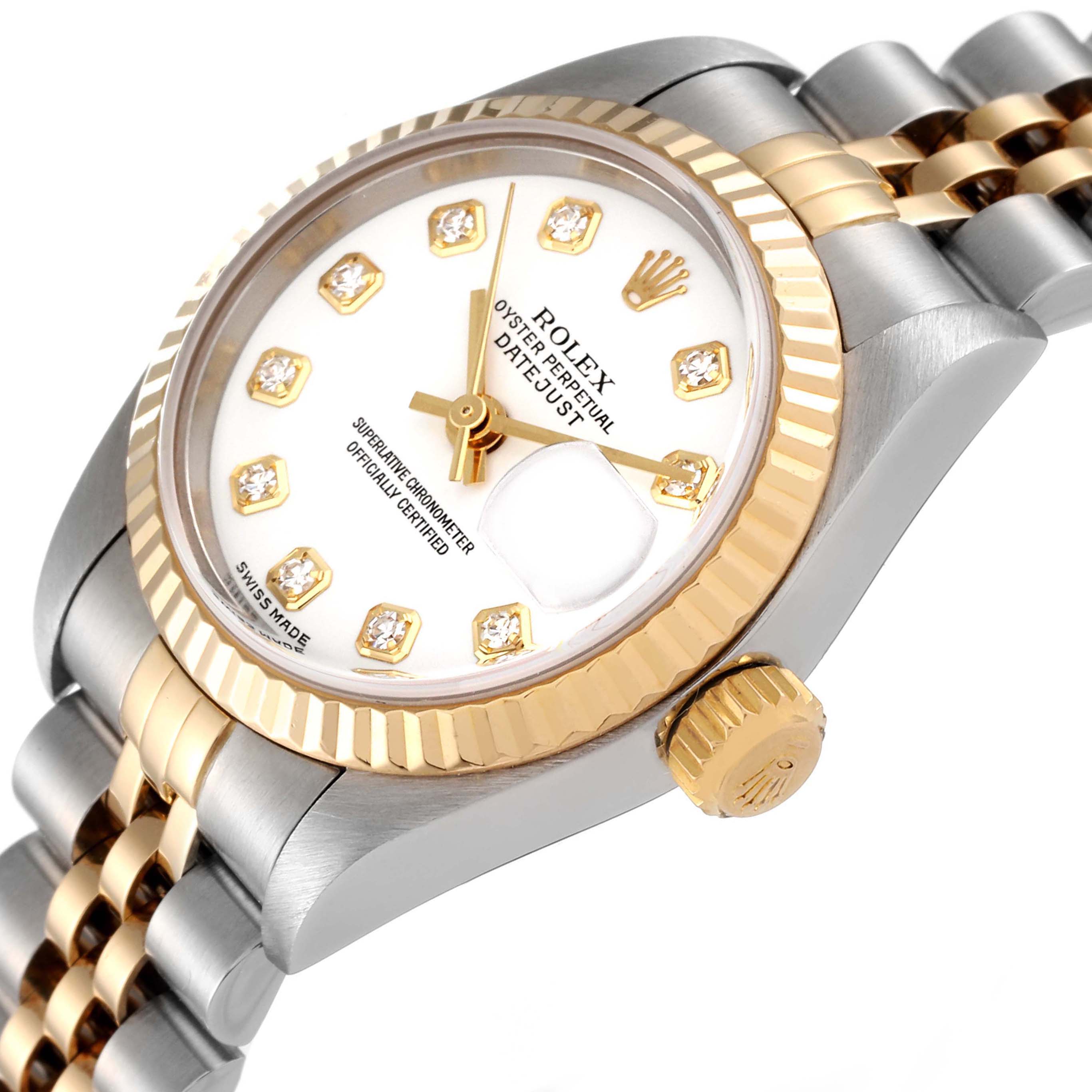 The Rolex Datejust 79173 Women
s Steel and Gold (two tone) White Dial 79173 Women
s Steel and Gold (two tone) White Dial watch is shown at an oblique angle, highlighting the face, crown, and jubilee bracelet.