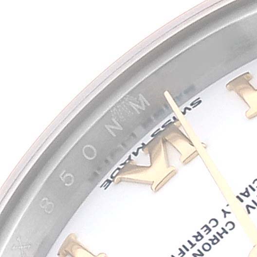 The close-up image shows the top right section of a Rolex Datejust 279163 Women's Steel and Gold (two tone) White Dial 279163 Women's Steel and Gold (two tone) White Dial watch face, including the minute hand and Roman numerals.