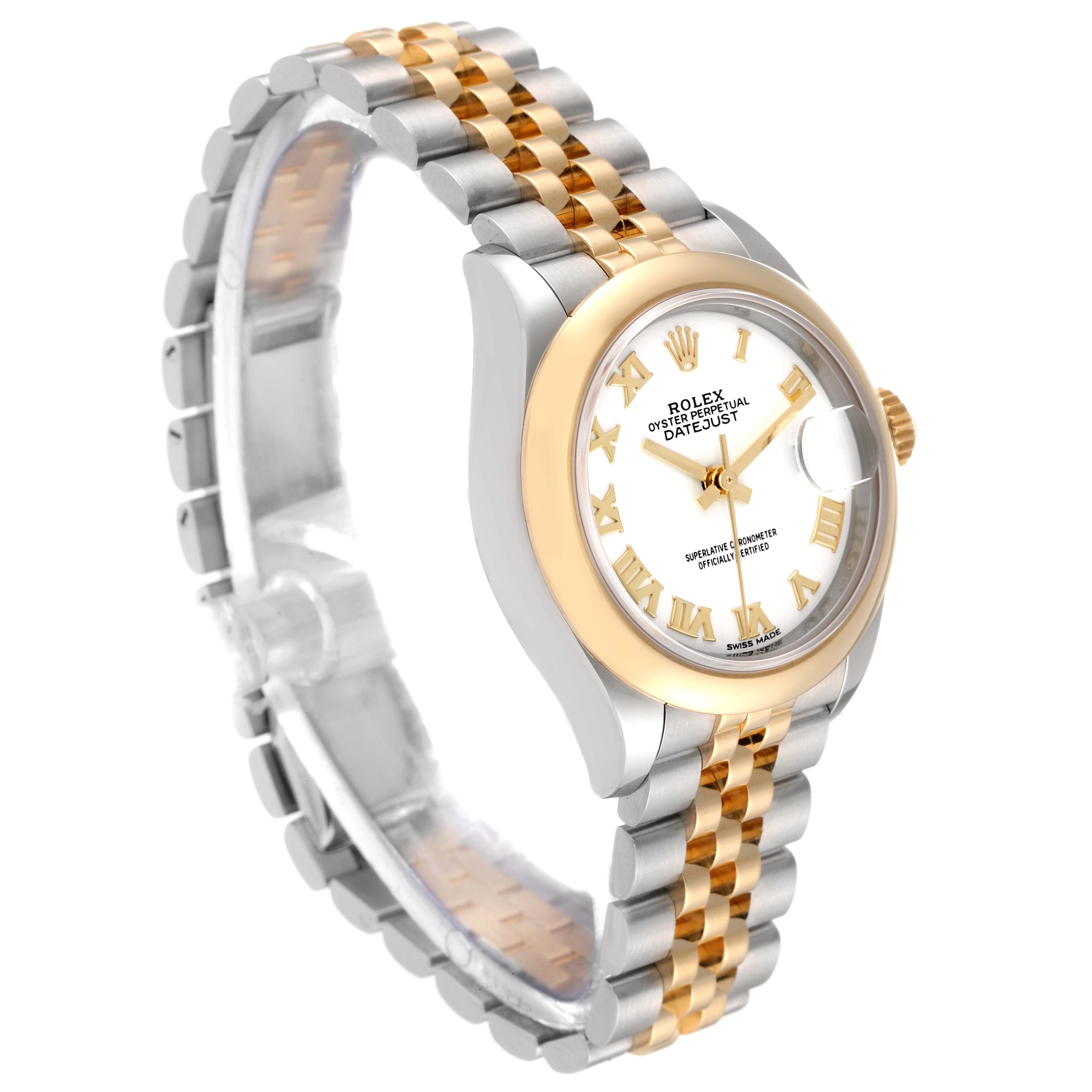 This image shows a Rolex Datejust 279163 Women's Steel and Gold (two tone) White Dial 279163 Women's Steel and Gold (two tone) White Dial watch viewed at an angled side profile, highlighting the face, bezel, and two-tone bracelet.