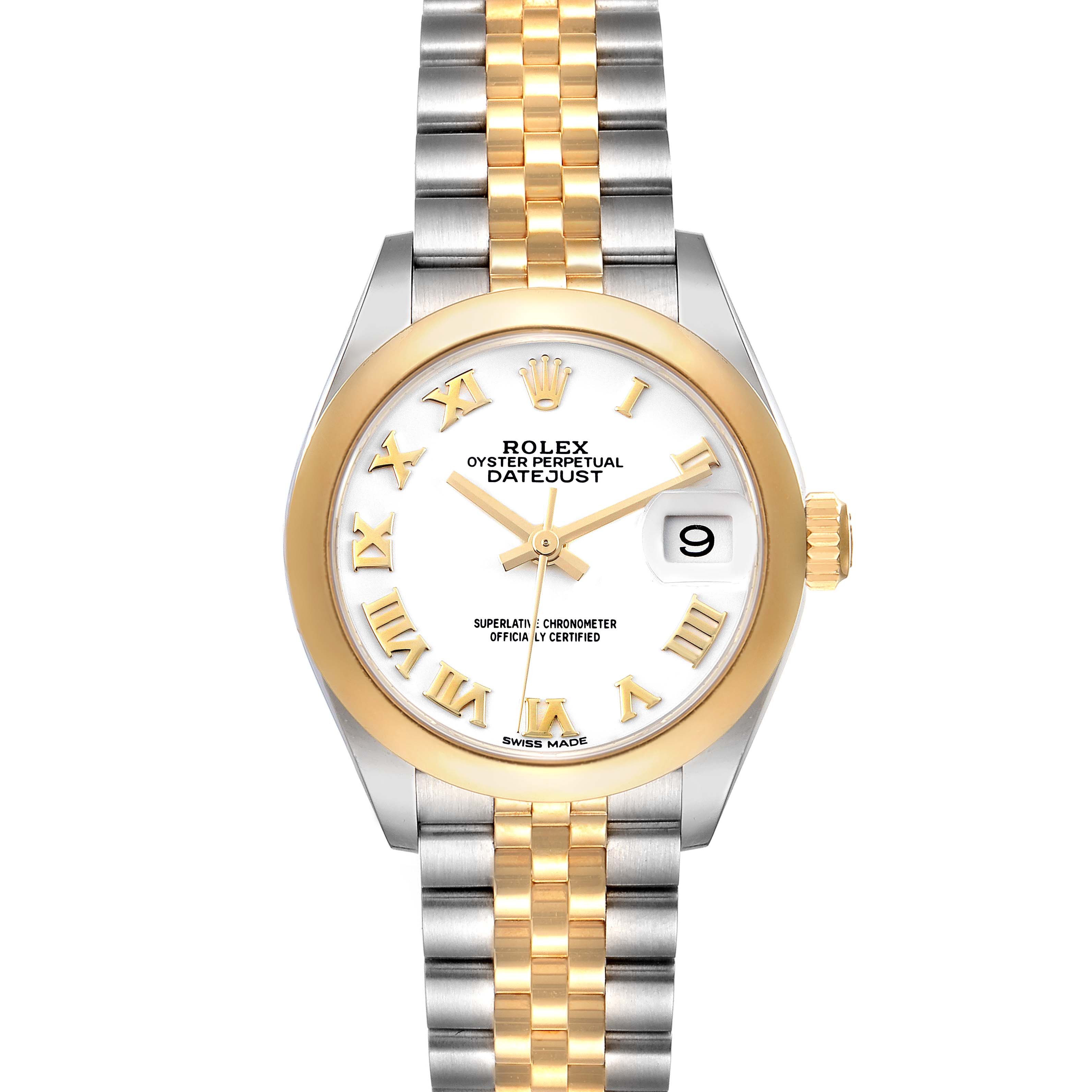 This image shows a front view of a Rolex Datejust 279163 Women's Steel and Gold (two tone) White Dial 279163 Women's Steel and Gold (two tone) White Dial watch displaying the dial, bezel, and bracelet.