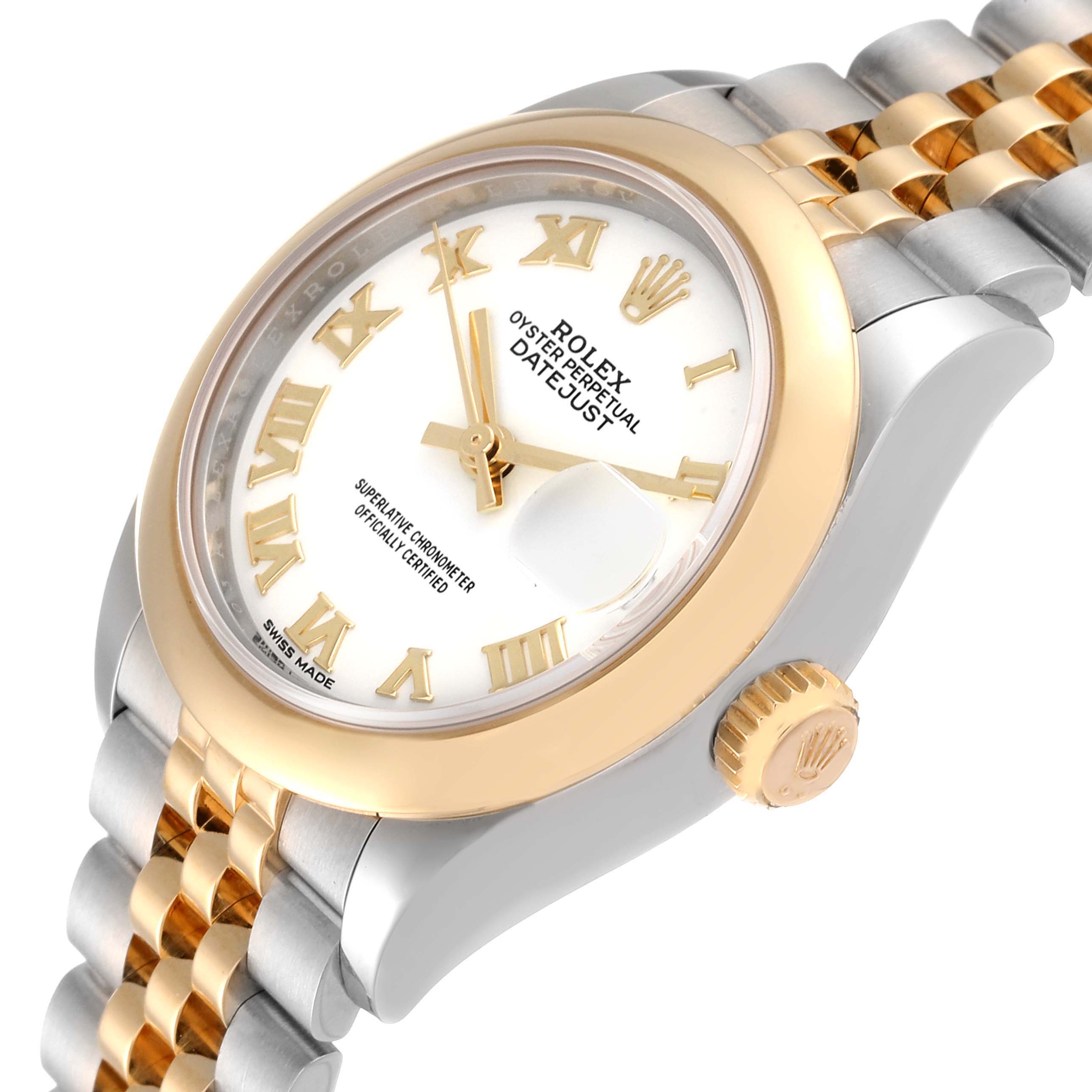 The image shows a close-up angle of a Rolex Datejust 279163 Women's Steel and Gold (two tone) White Dial 279163 Women's Steel and Gold (two tone) White Dial watch, highlighting its bezel, crown, face, and bracelet.