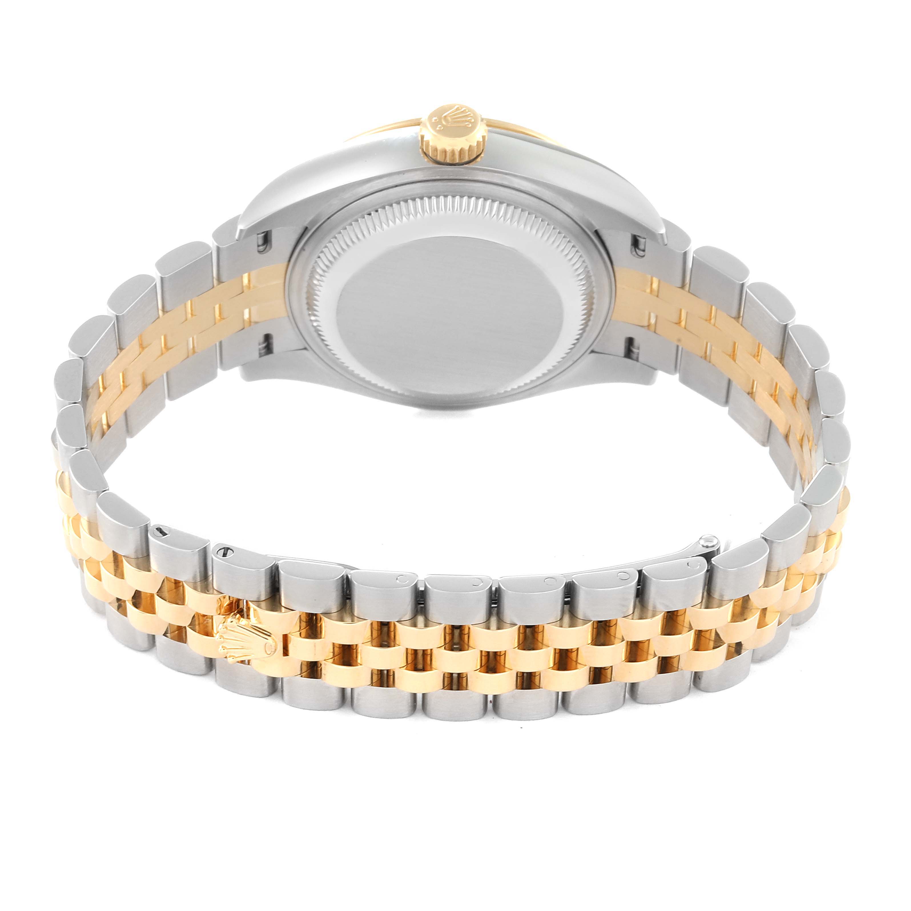 The image shows the back view of the Rolex Datejust 279163 Women's Steel and Gold (two tone) White Dial 279163 Women's Steel and Gold (two tone) White Dial model, focusing on the case back, crown, and two-tone bracelet.