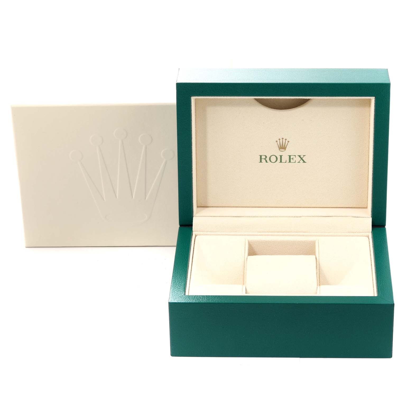 The image shows an open green Rolex Datejust 279163 Women's Steel and Gold (two tone) White Dial 279163 Women's Steel and Gold (two tone) White Dial watch box, highlighting the brand name and logo inside.