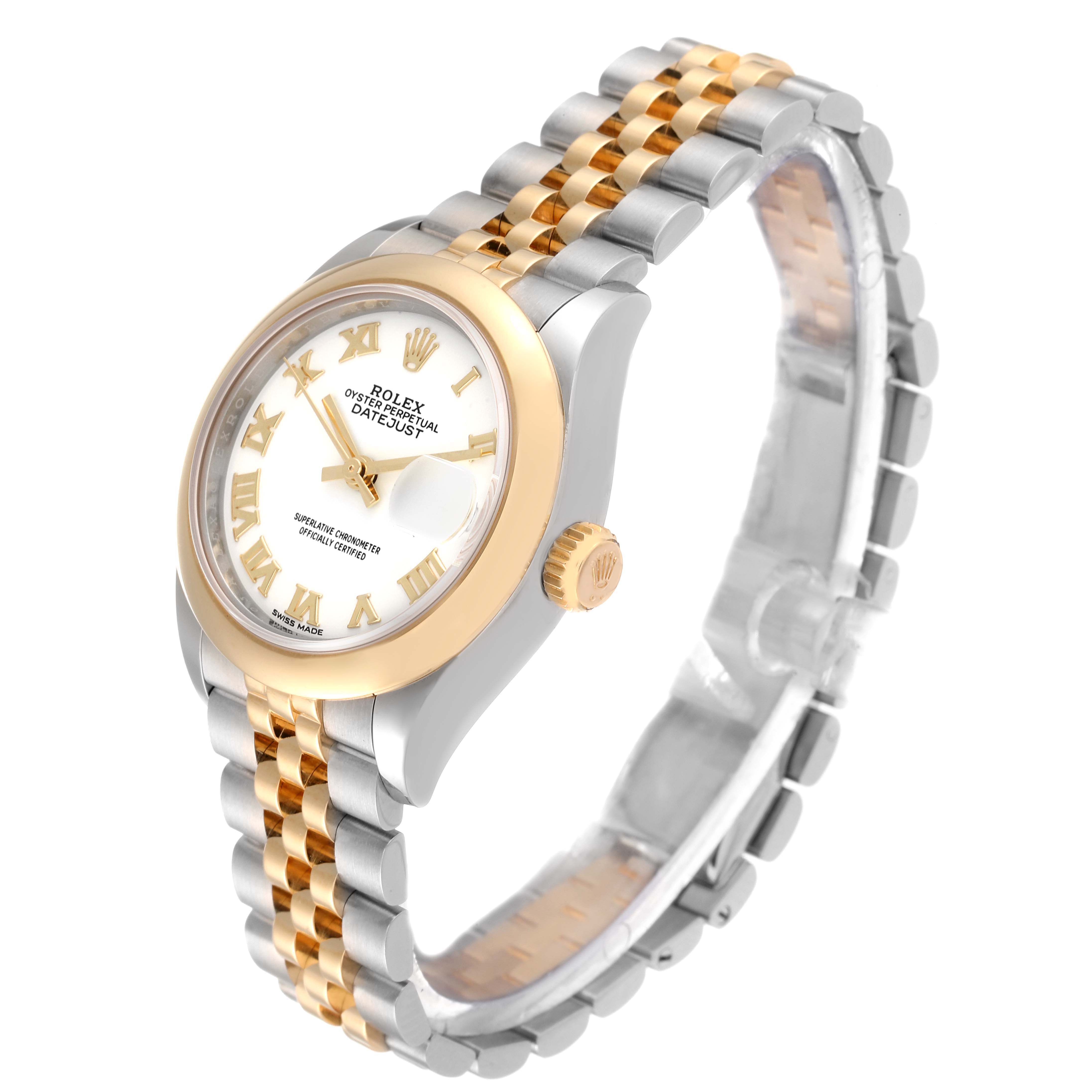 The image shows a side angle of the Rolex Datejust 279163 Women's Steel and Gold (two tone) White Dial 279163 Women's Steel and Gold (two tone) White Dial watch, highlighting its dial, bezel, crown, and two-tone bracelet.