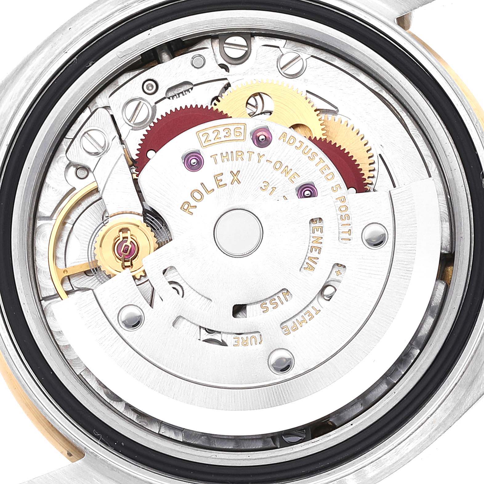 The image shows an internal view of the Rolex Datejust 279163 Women's Steel and Gold (two tone) White Dial 279163 Women's Steel and Gold (two tone) White Dial model's movement and mechanical components.