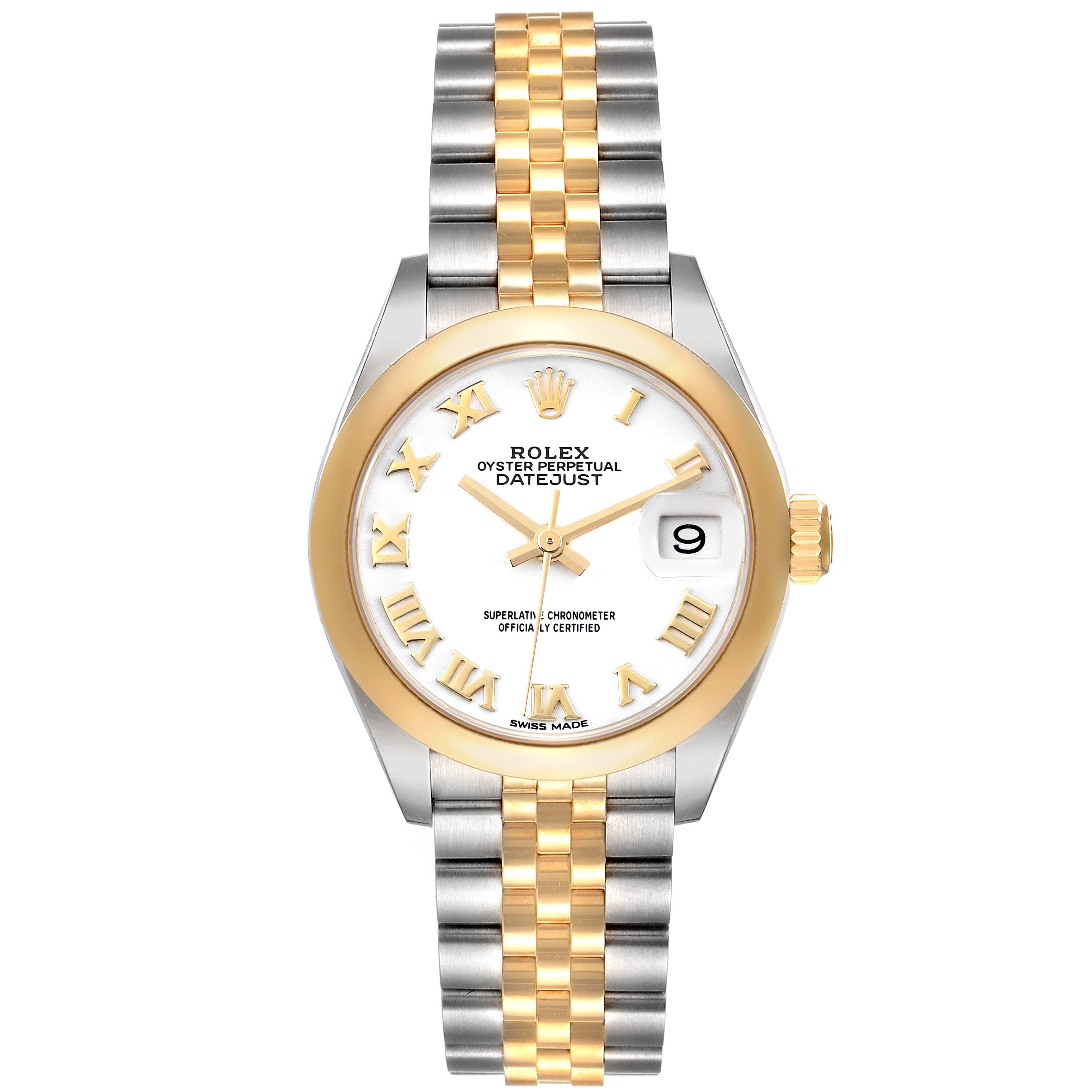 The image shows a Rolex Datejust 279163 Women's Steel and Gold (two tone) White Dial 279163 Women's Steel and Gold (two tone) White Dial watch viewed from the front, highlighting the dial, bezel, and two-tone bracelet.