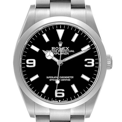 The Rolex Explorer 124270 Men's Stainless Steel Black Dial watch is shown from a front angle, highlighting the dial, bezel, and part of the bracelet.