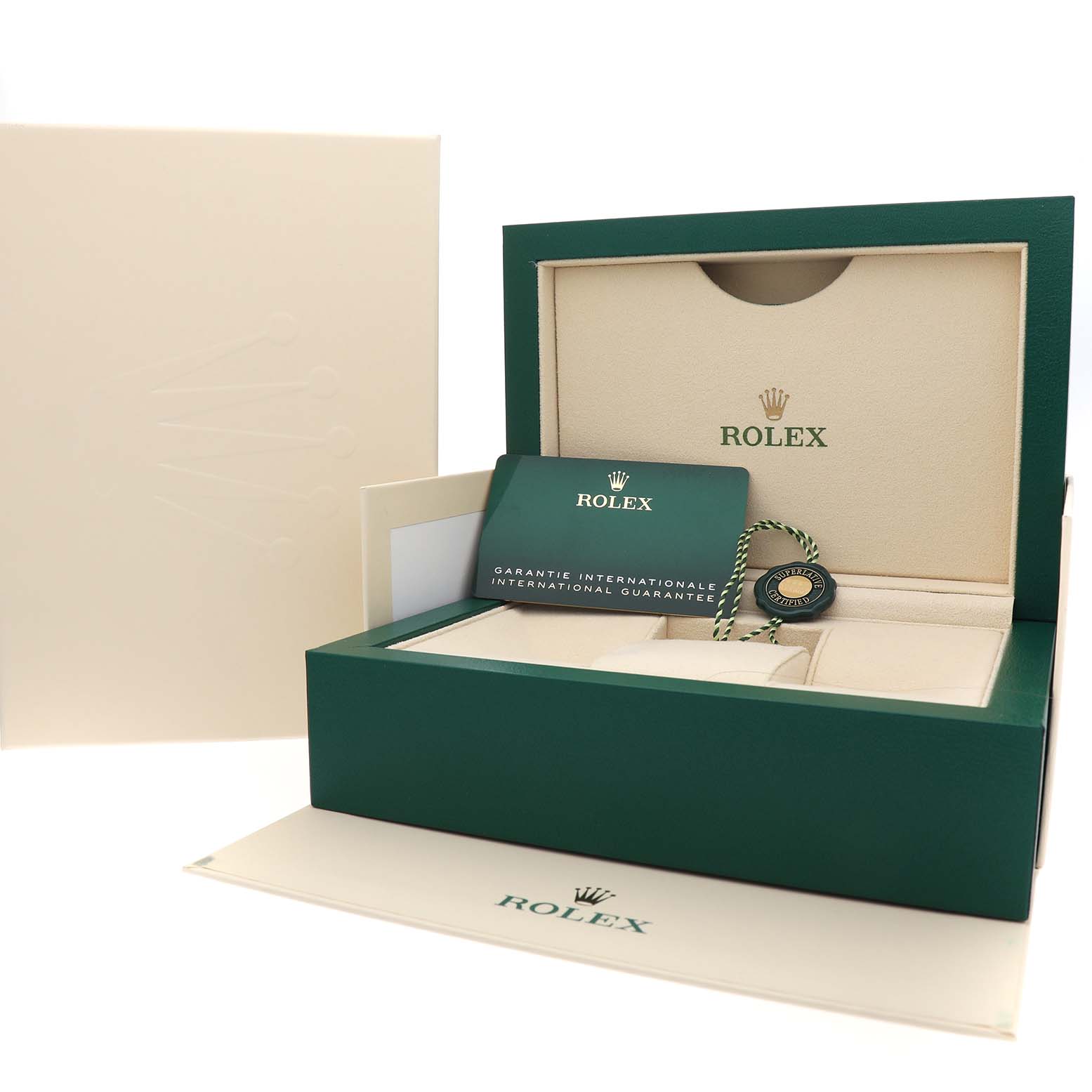 The image shows a Rolex Explorer 124270 Men's Stainless Steel Black Dial watch box with an international guarantee card and a tag presented from the front.