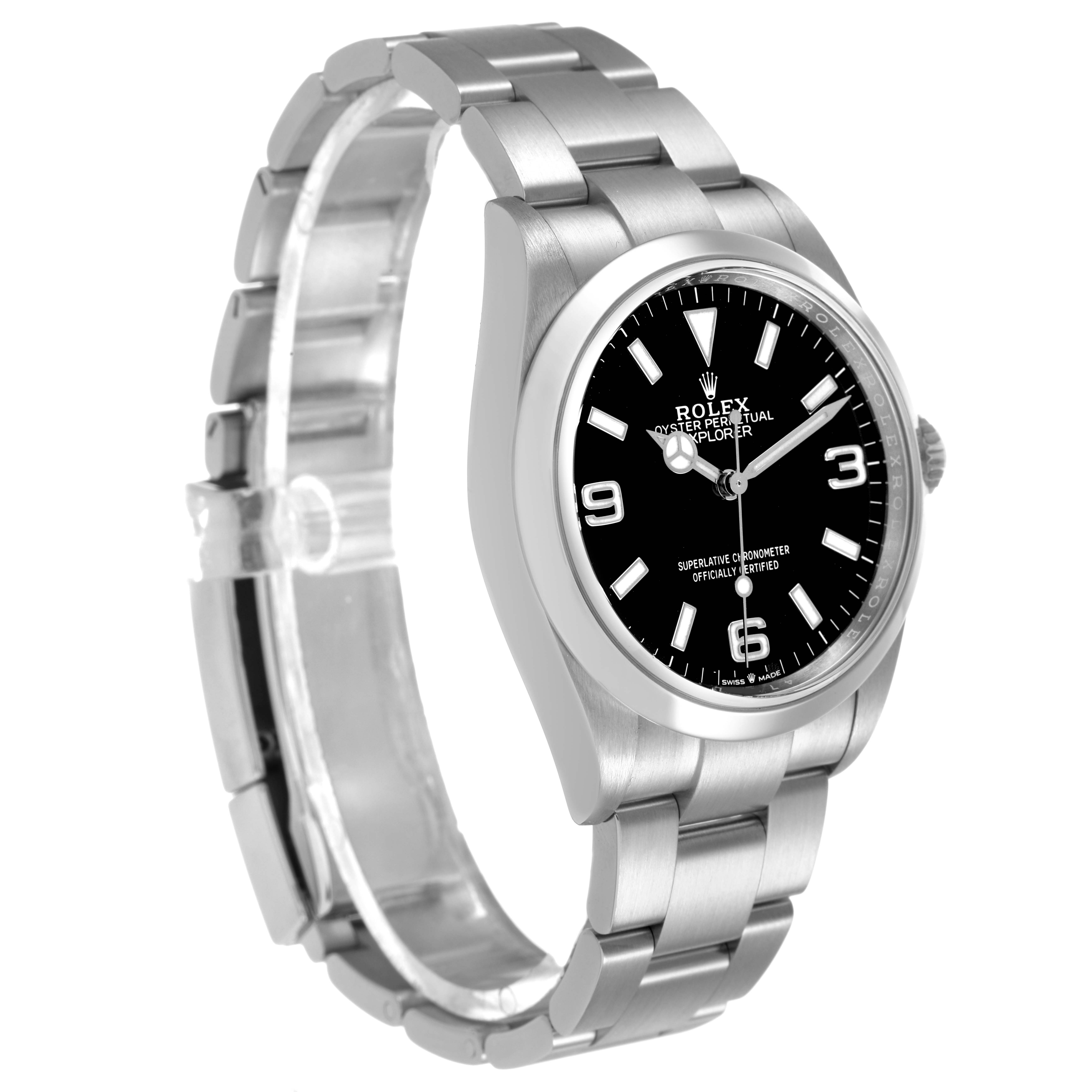 The Rolex Explorer 124270 Men's Stainless Steel Black Dial watch is shown at a slight angle, highlighting the face, bezel, and bracelet.