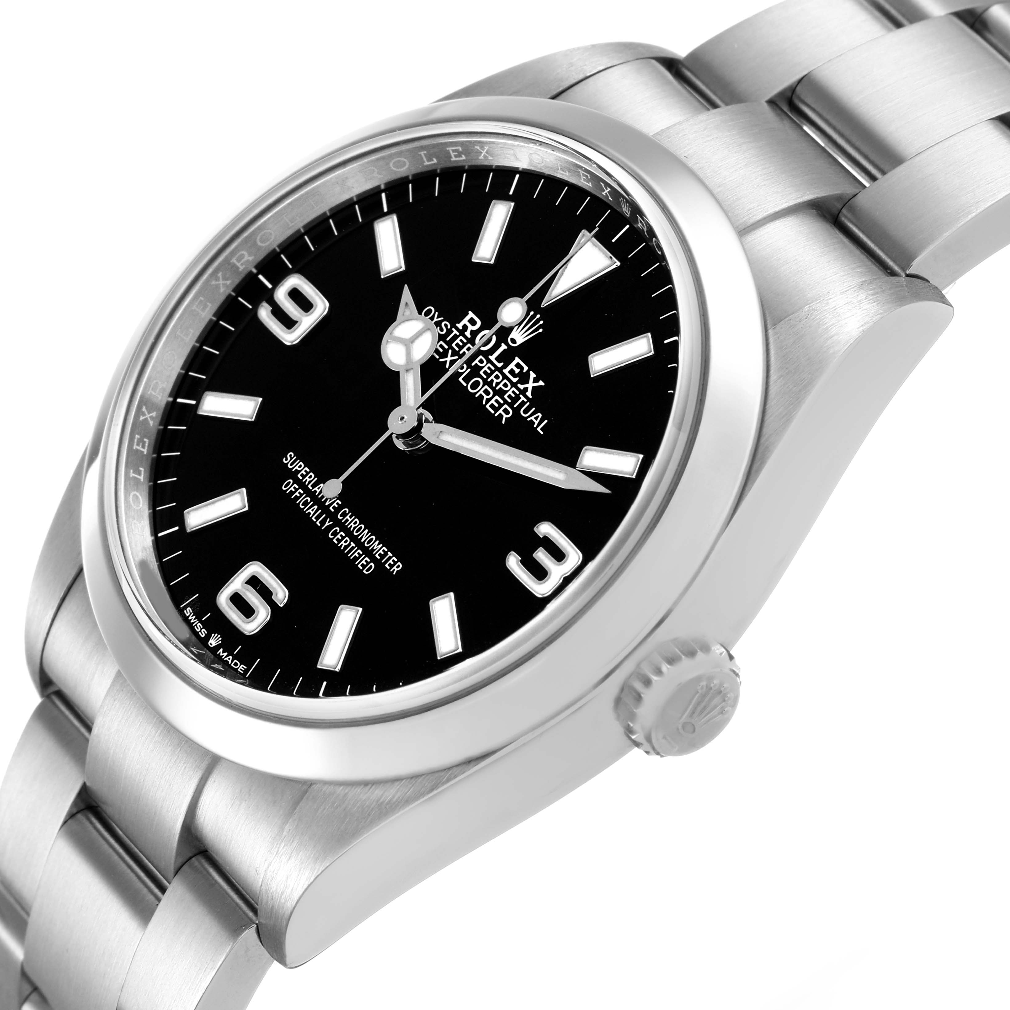The Rolex Explorer 124270 Men's Stainless Steel Black Dial is shown at a three-quarter angle, displaying the watch face, bezel, and partial bracelet.