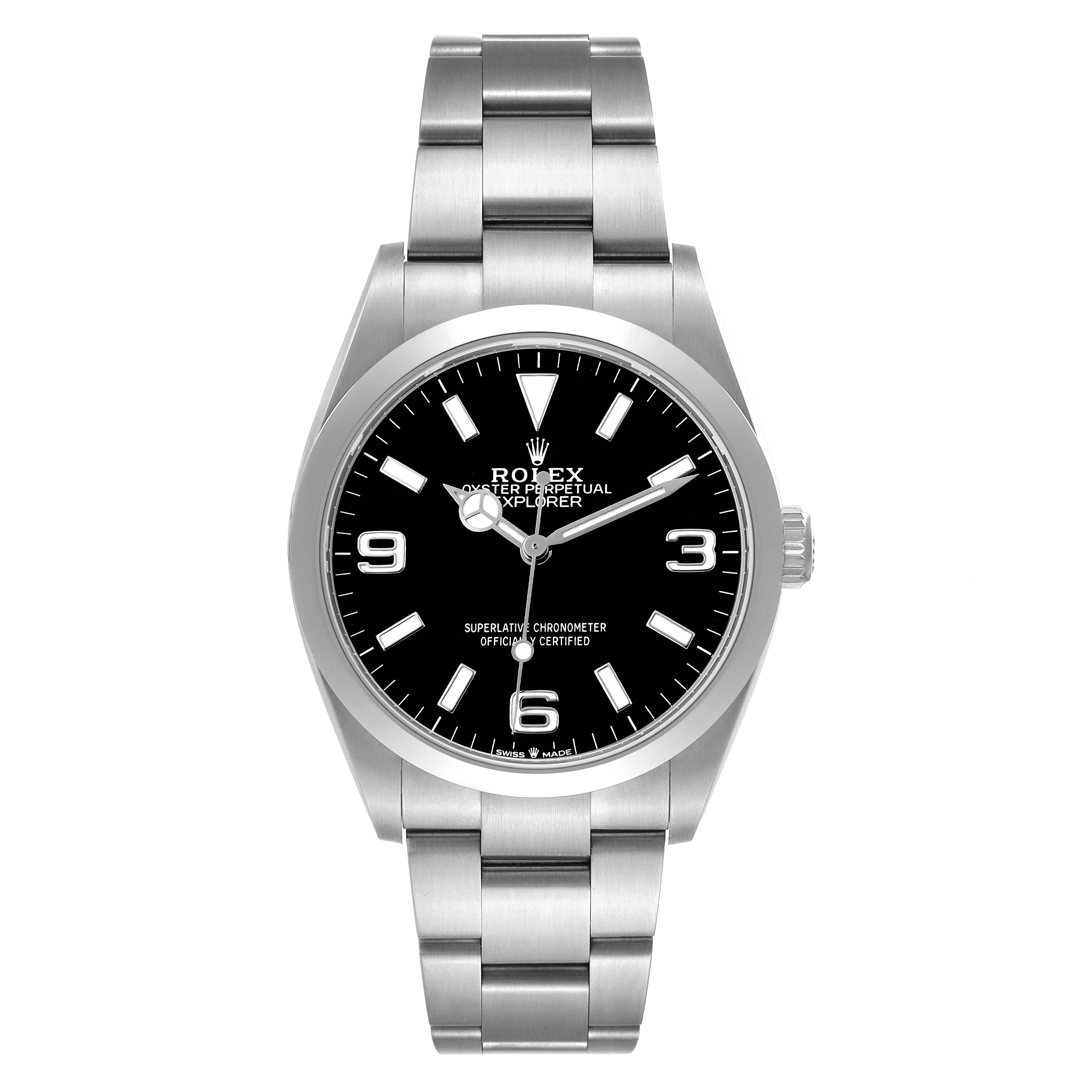The Rolex Explorer 124270 Men's Stainless Steel Black Dial watch is shown from the front, displaying the dial, bezel, bracelet, and crown.