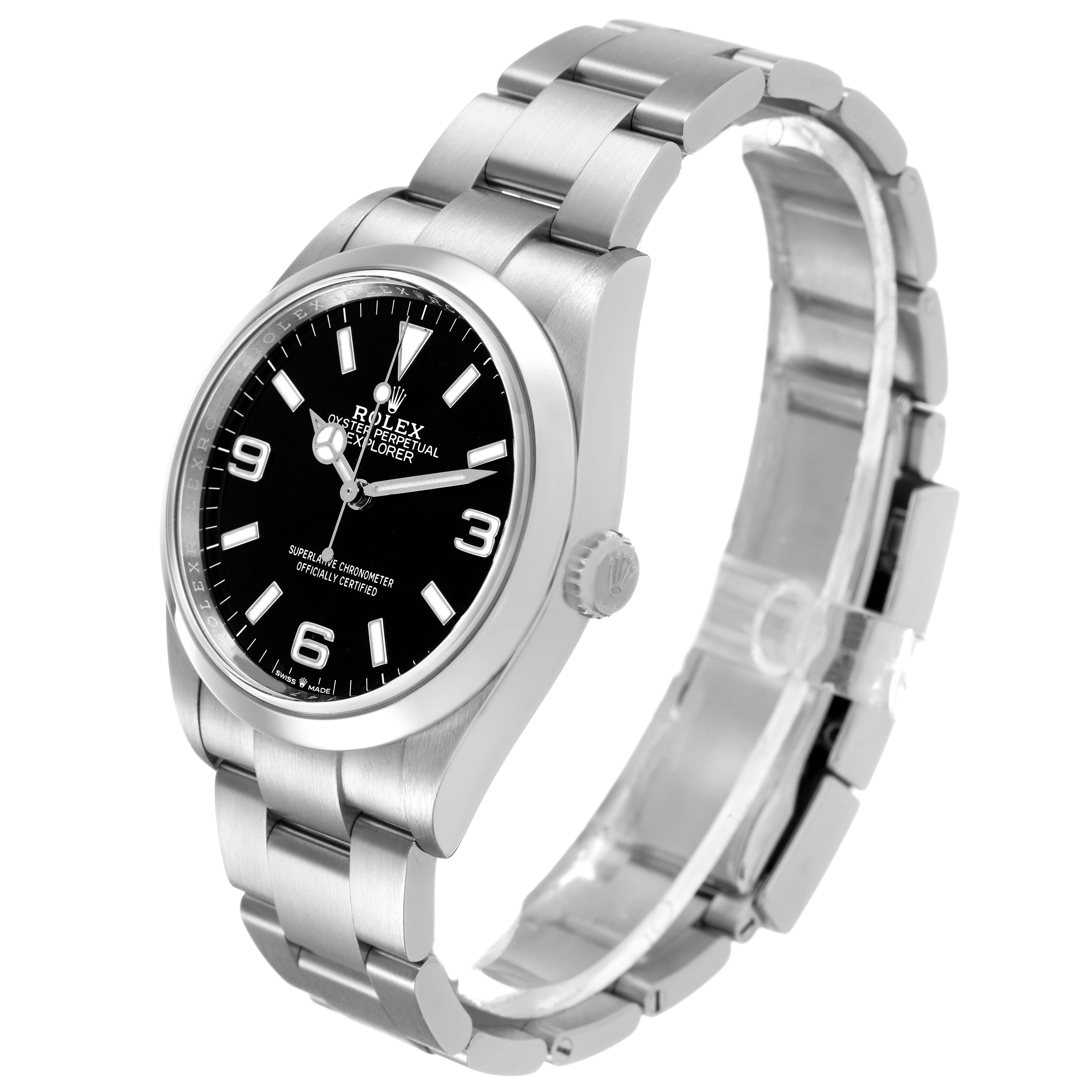 The Rolex Explorer 124270 Men's Stainless Steel Black Dial watch is shown at a three-quarter angle, displaying the dial, case, crown, and stainless steel bracelet.