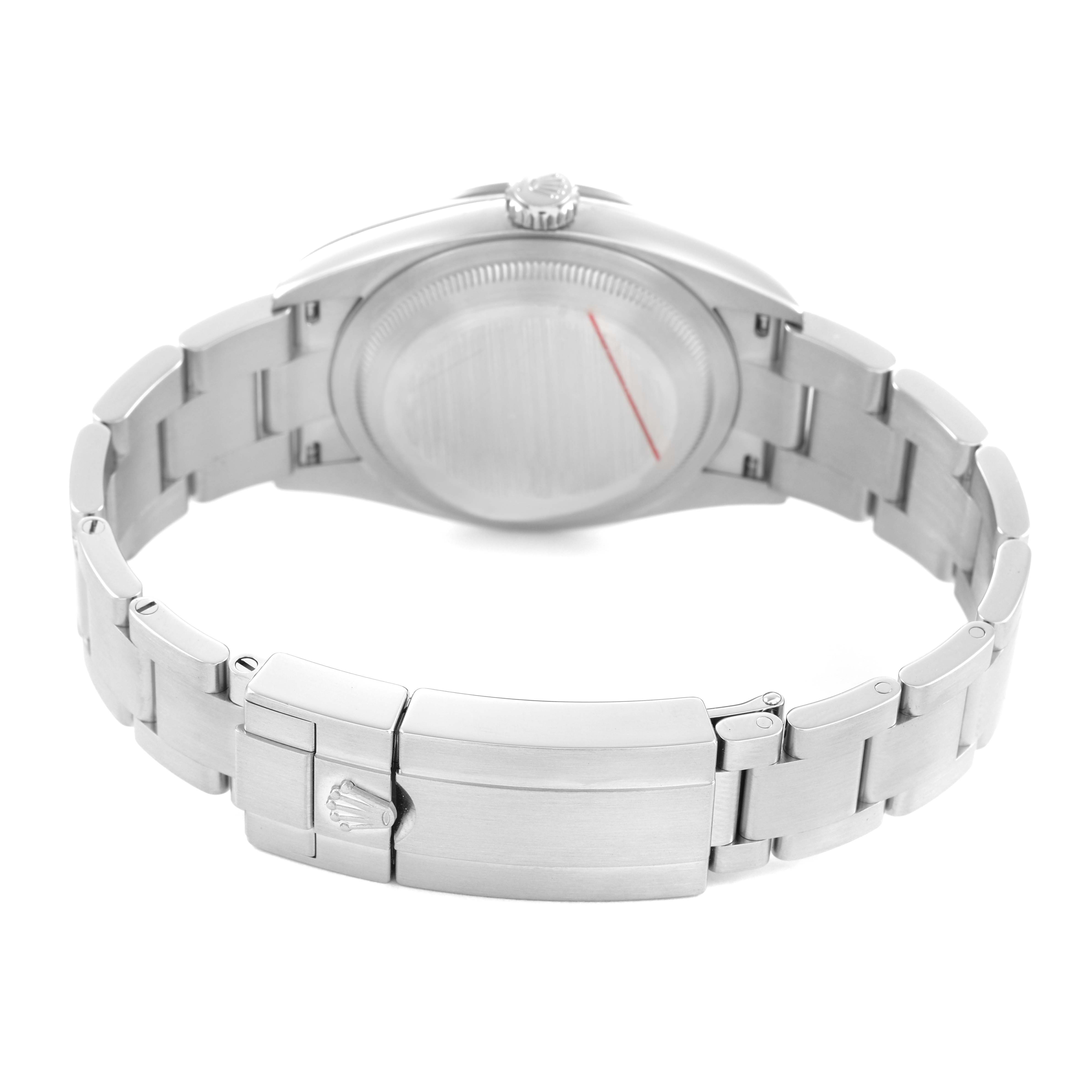 The image shows the back and clasp of a Rolex Explorer 124270 Men's Stainless Steel Black Dial, highlighting its stainless steel bracelet and closed case back.