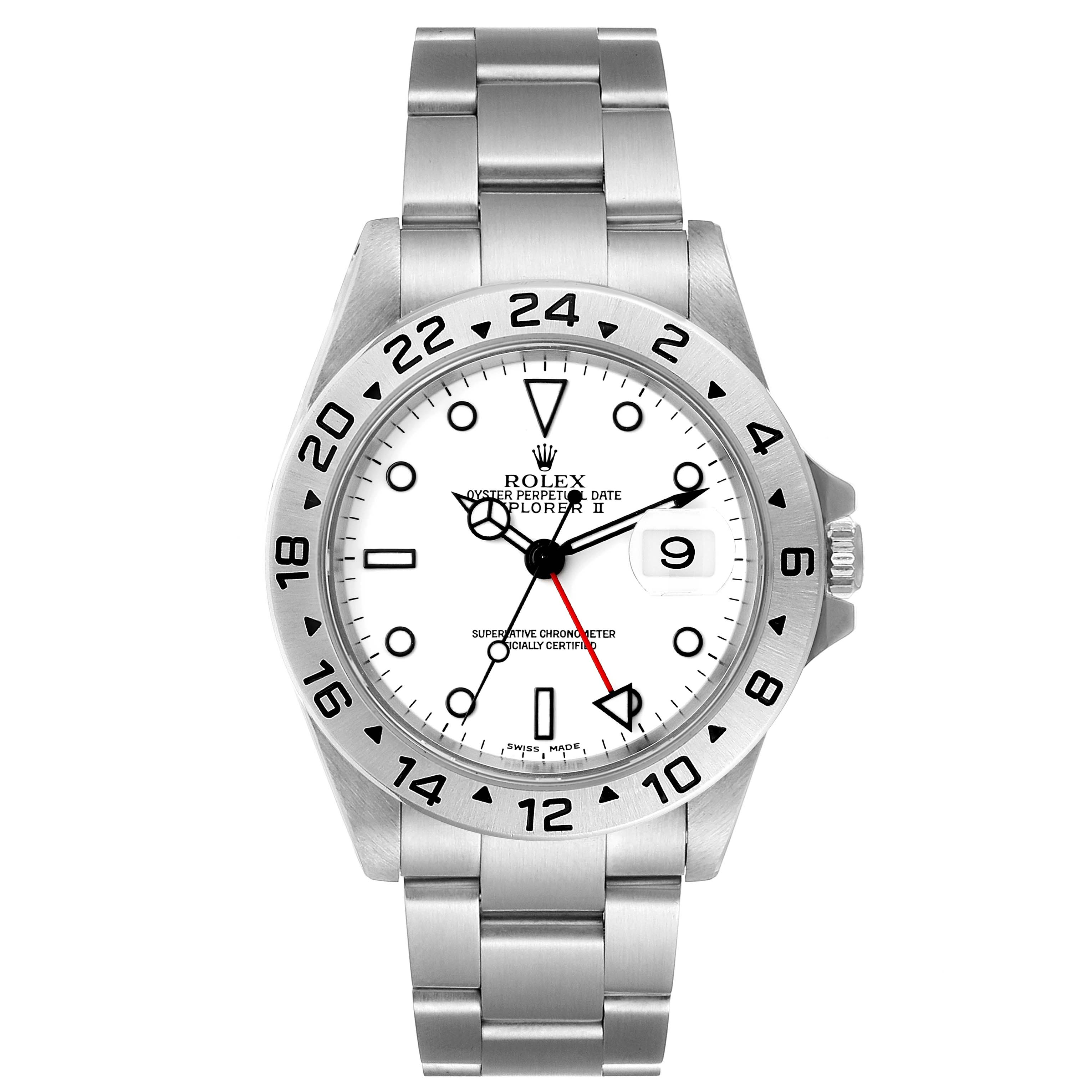 This image shows a front view of the Rolex Explorer 16570 Men
s Stainless Steel White Dial 16570 Men
s Stainless Steel White Dial watch, highlighting its face, bezel, and bracelet.