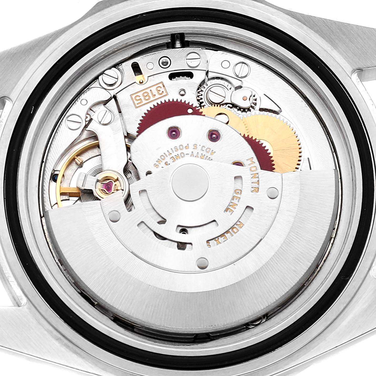 This image shows the back view of the inner mechanism of a Rolex Explorer 16570 Men
s Stainless Steel White Dial 16570 Men
s Stainless Steel White Dial watch.