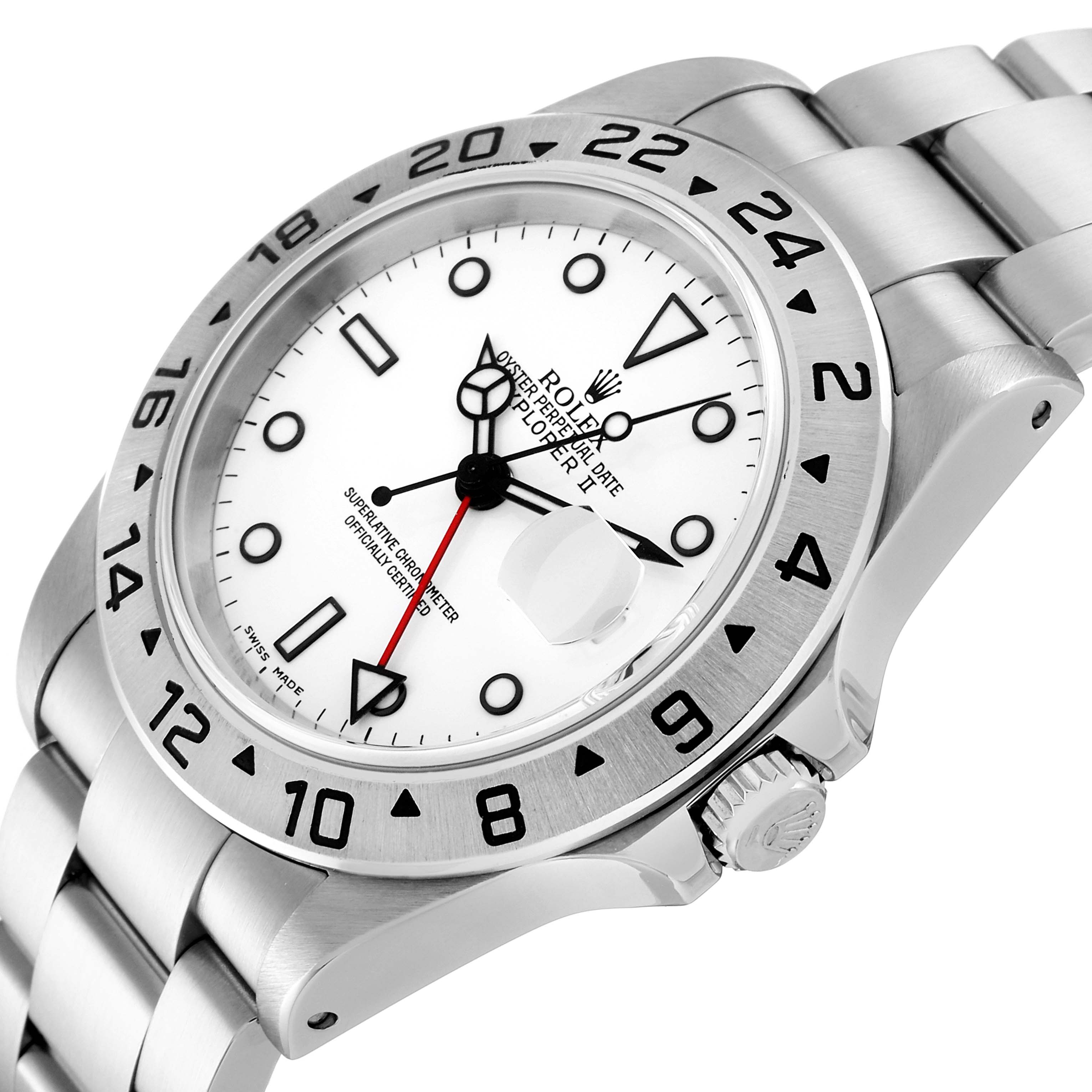 This image shows a close-up, angled view of the Rolex Explorer 16570 Men
s Stainless Steel White Dial 16570 Men
s Stainless Steel White Dial II, highlighting its face, bezel, and part of the bracelet.