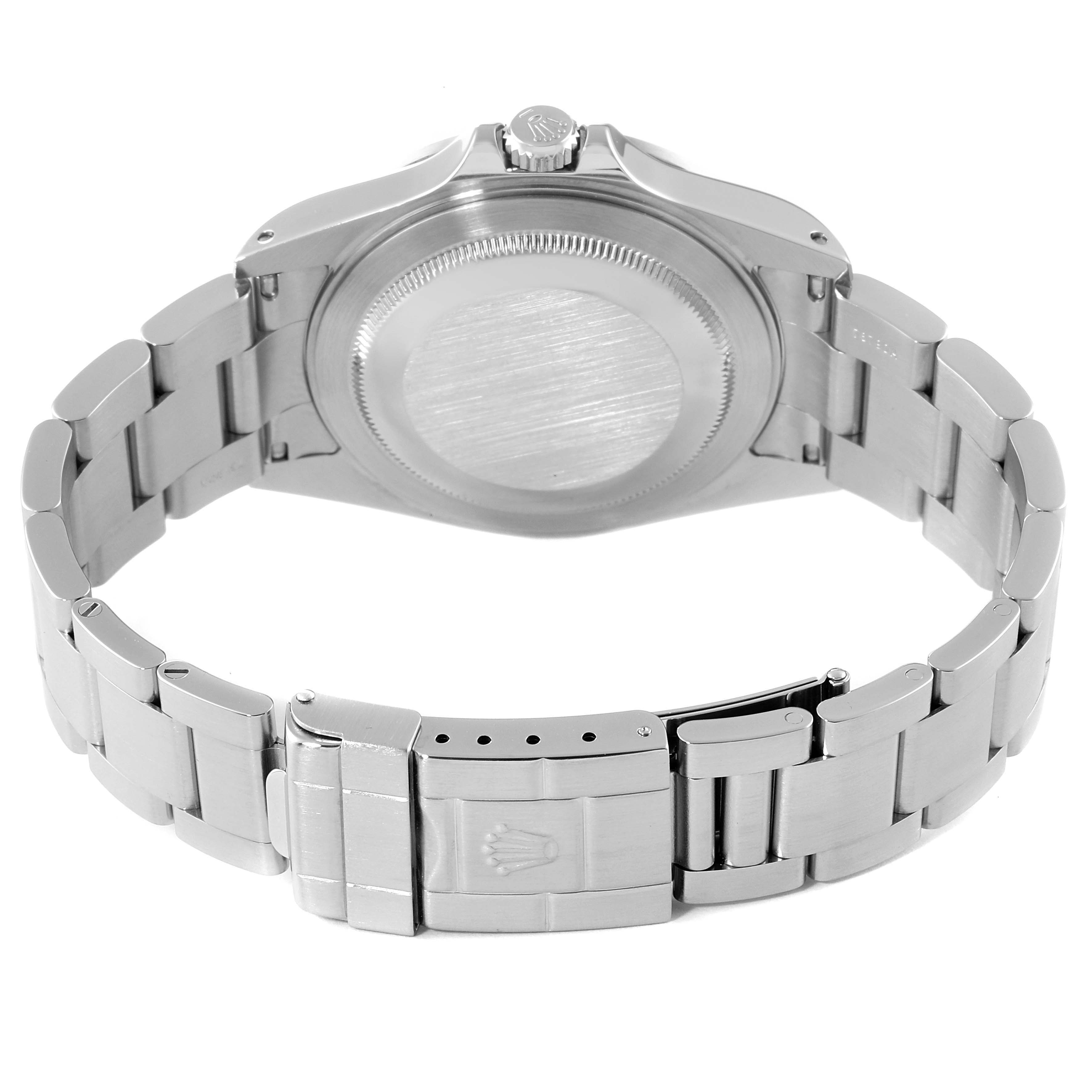 The image shows the back case and bracelet clasp of a Rolex Explorer 16570 Men
s Stainless Steel White Dial 16570 Men
s Stainless Steel White Dial watch.