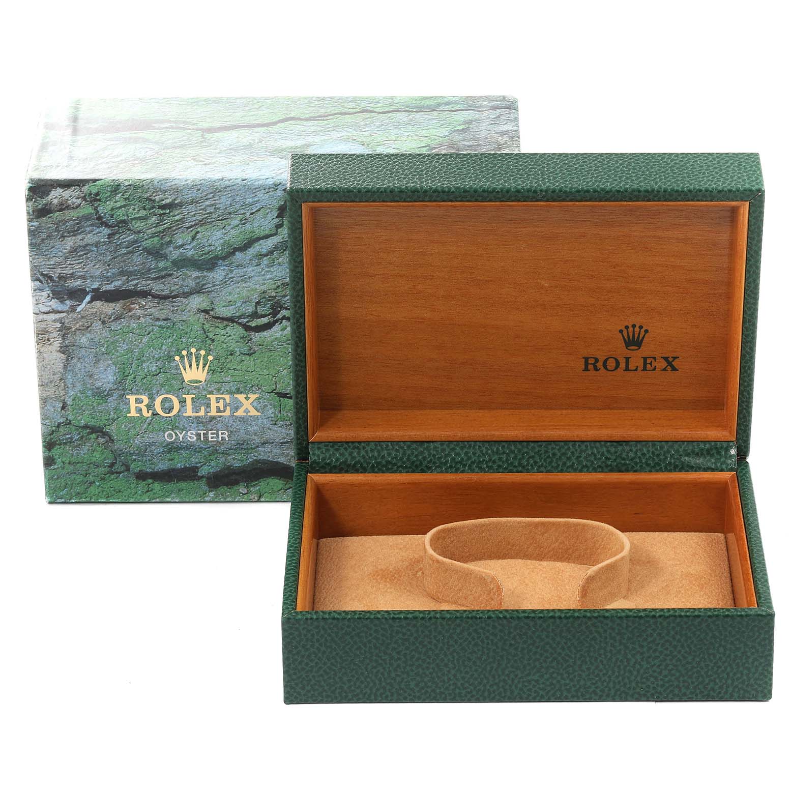 This image shows an open green and wood Rolex box for the Explorer model, with the outer packaging visible behind it.
