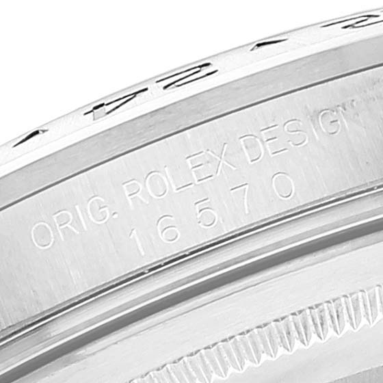 This image shows a close-up of the bezel and case side of a Rolex Explorer 16570 Men
s Stainless Steel White Dial 16570 Men
s Stainless Steel White Dial watch, highlighting the engraving with model number 16570.