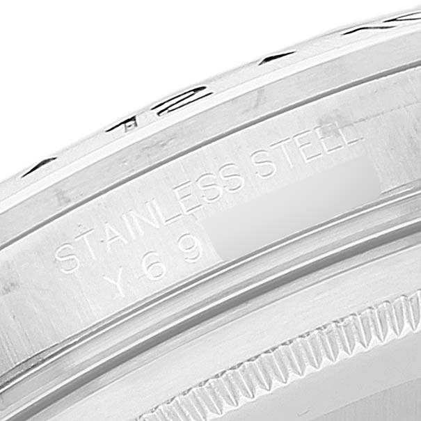 Close-up of the Rolex Explorer 16570 Men
s Stainless Steel White Dial 16570 Men
s Stainless Steel White Dial model engraving on the stainless steel case.
