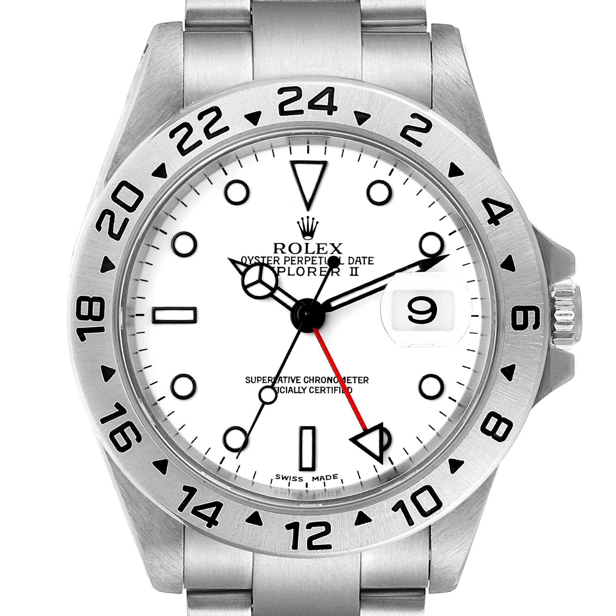 The image shows a front view of the Rolex Explorer 16570 Men
s Stainless Steel White Dial 16570 Men
s Stainless Steel White Dial watch, highlighting the bezel, dial, hands, and bracelet.