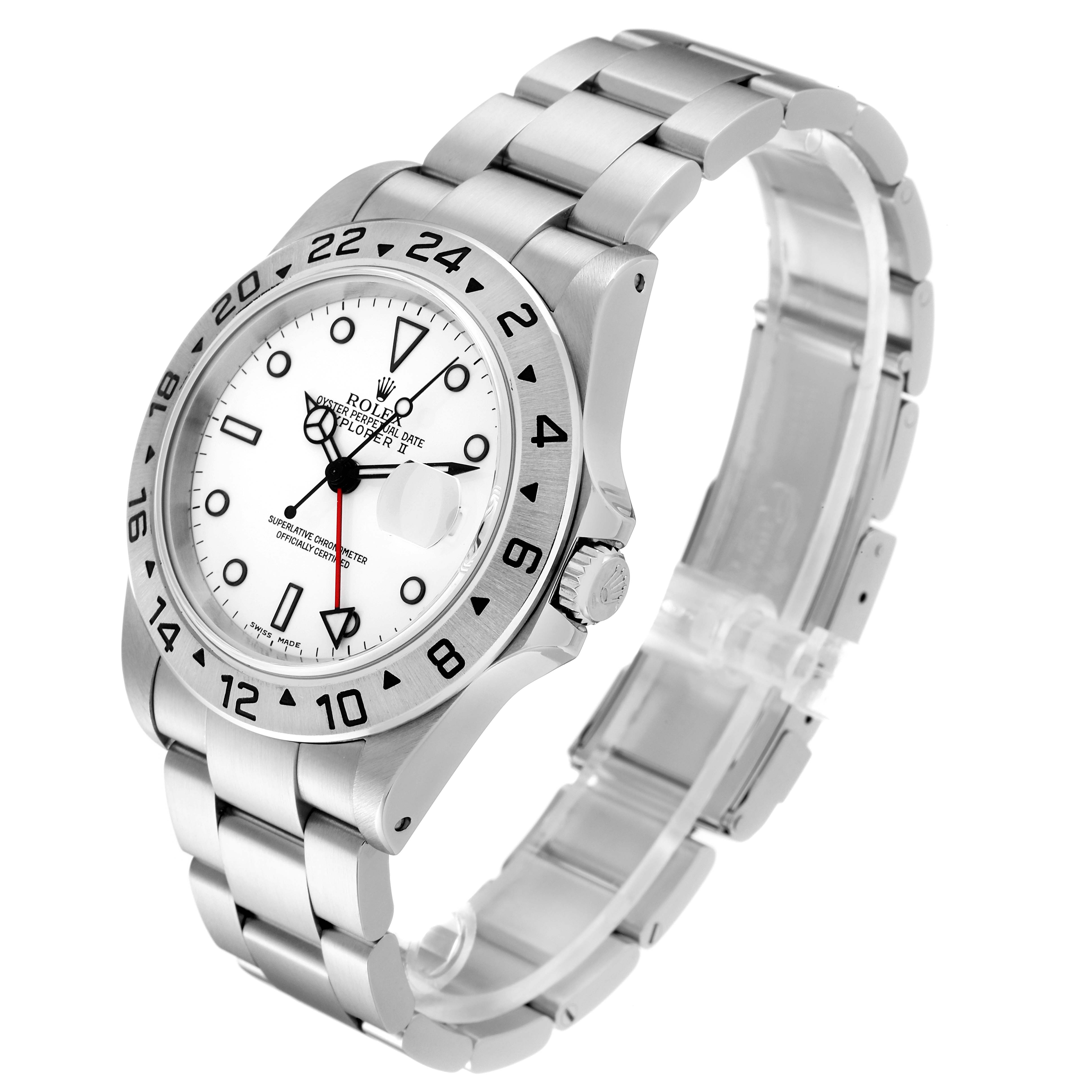 The image shows a Rolex Explorer 16570 Men
s Stainless Steel White Dial 16570 Men
s Stainless Steel White Dial watch at a three-quarter angle, highlighting the watch face, bezel, and bracelet.