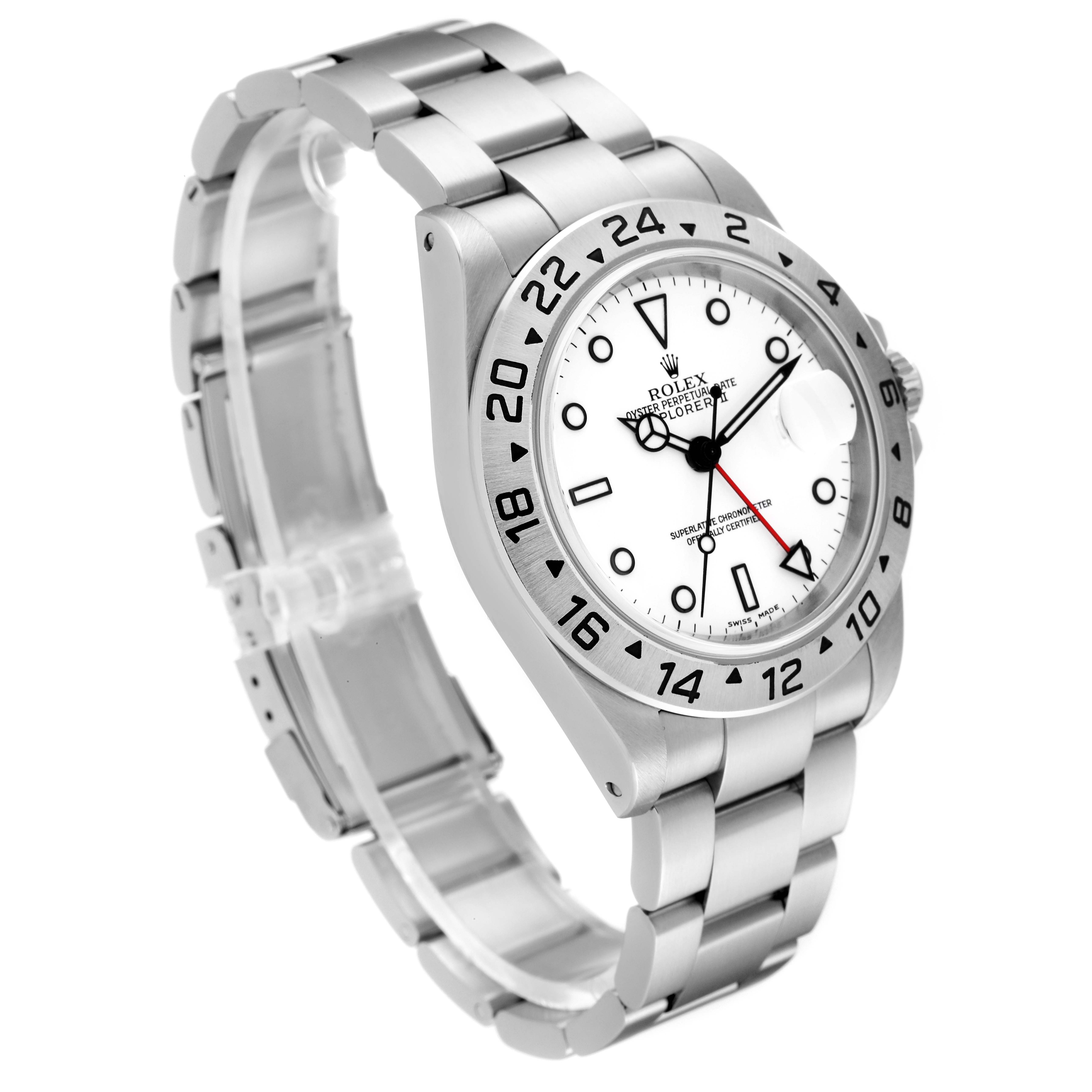 The image shows an angled view of the Rolex Explorer 16570 Men
s Stainless Steel White Dial 16570 Men
s Stainless Steel White Dial model watch, displaying its face, bezel, and bracelet.