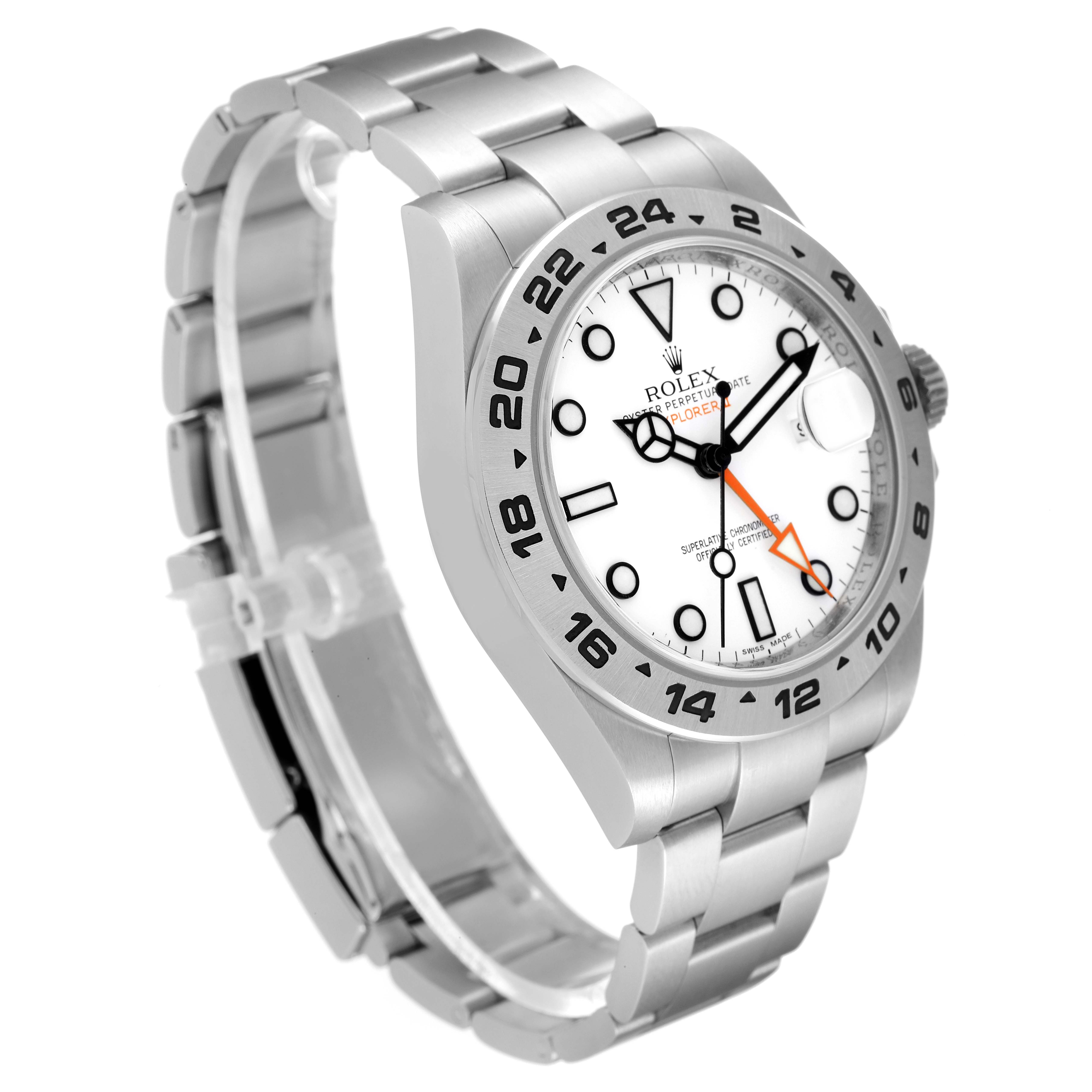 The image shows a Rolex Explorer 216570 Men's Stainless Steel White Dial 216570 Men's Stainless Steel White Dial watch, highlighting its face, bezel, bracelet, and crown, viewed from a side angle.