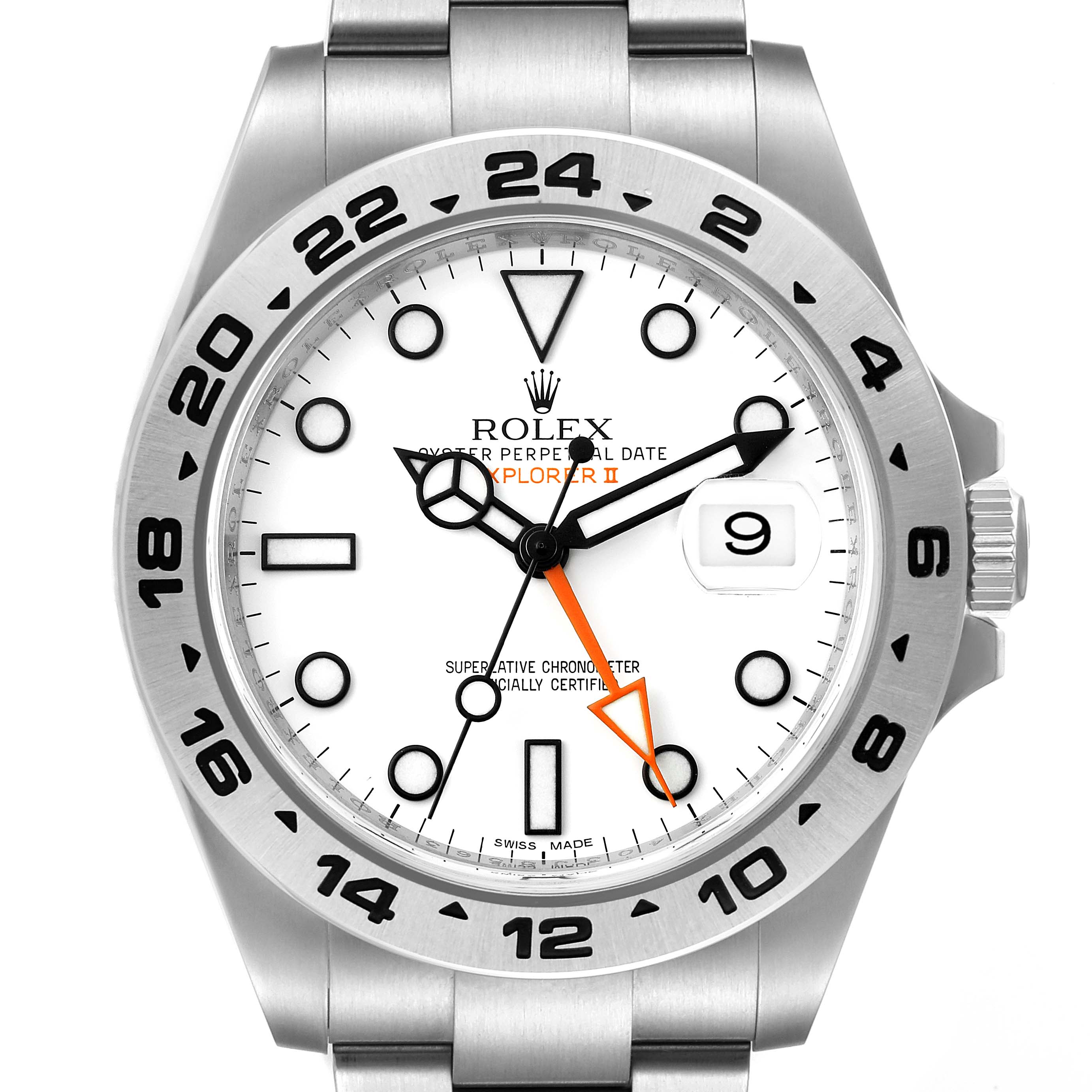 The image shows a front view of the Rolex Explorer 216570 Men's Stainless Steel White Dial 216570 Men's Stainless Steel White Dial watch, highlighting the face, bezel, and part of the bracelet.