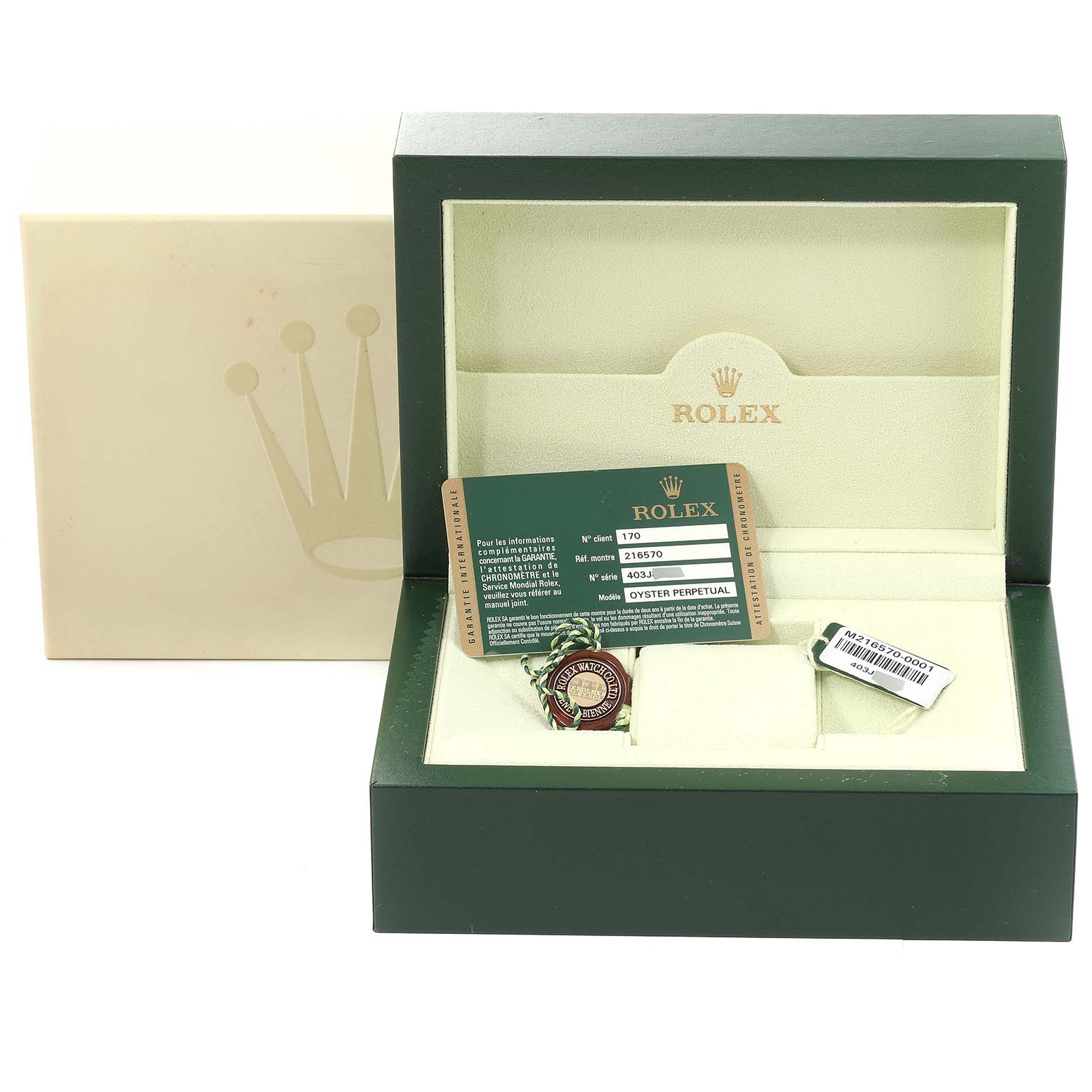 The image shows a Rolex Explorer 216570 Men's Stainless Steel White Dial 216570 Men's Stainless Steel White Dial watch box with included tags and a warranty card.