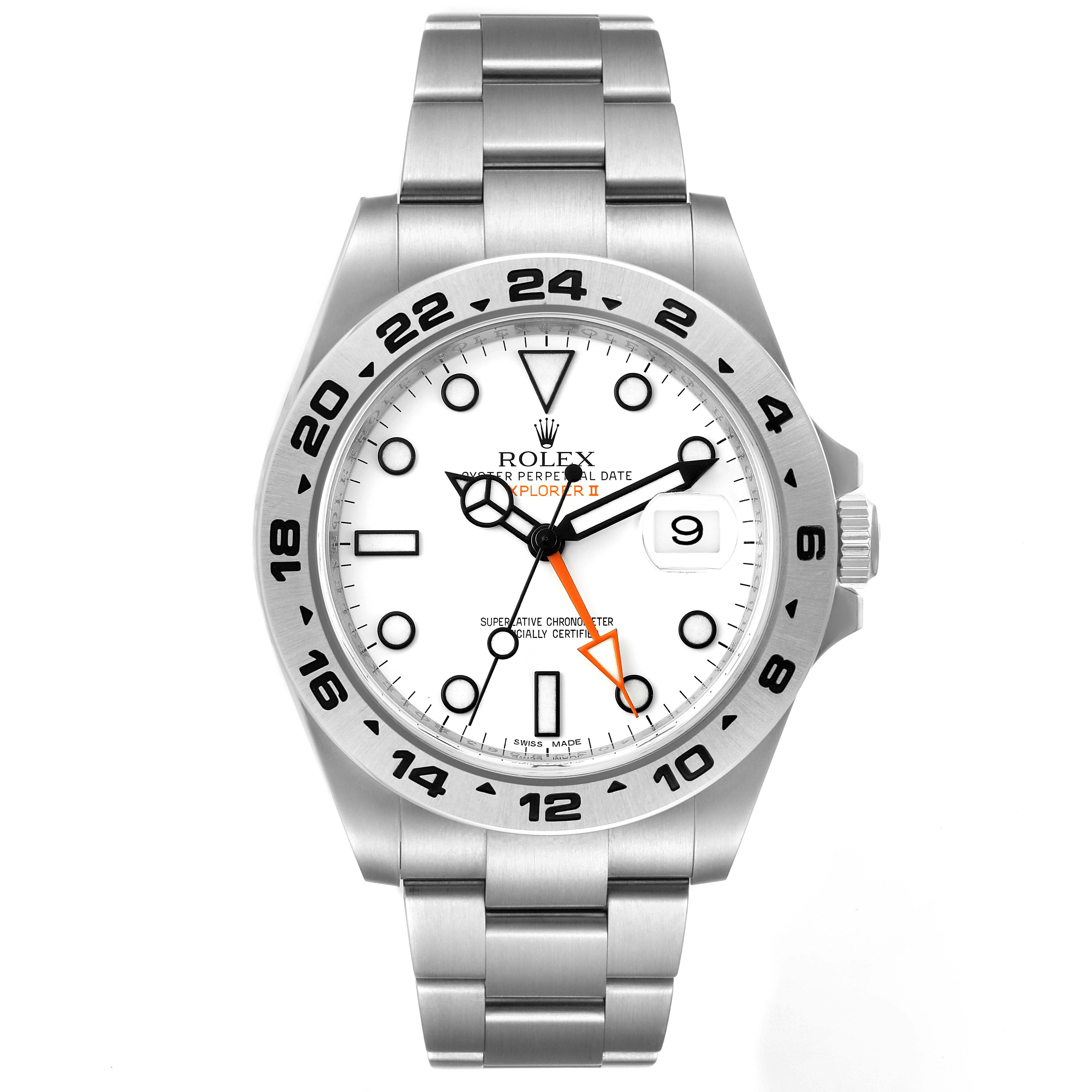 The image shows a front view of the Rolex Explorer 216570 Men's Stainless Steel White Dial 216570 Men's Stainless Steel White Dial watch, highlighting its dial, hands, bezel, and bracelet.