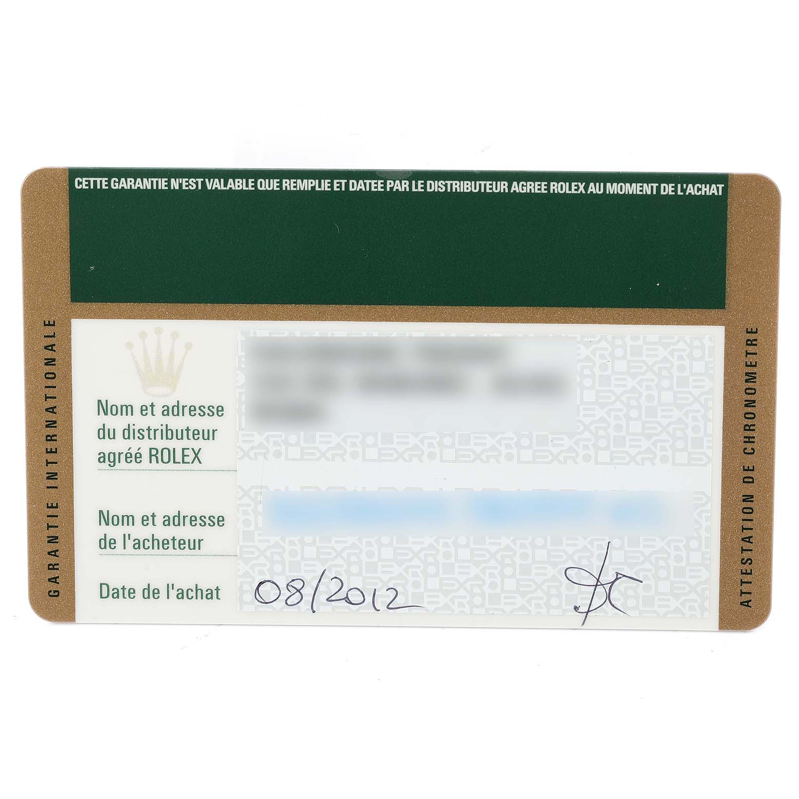 The image shows a Rolex international warranty card for the Explorer model, indicating purchase details and authorized dealer information.